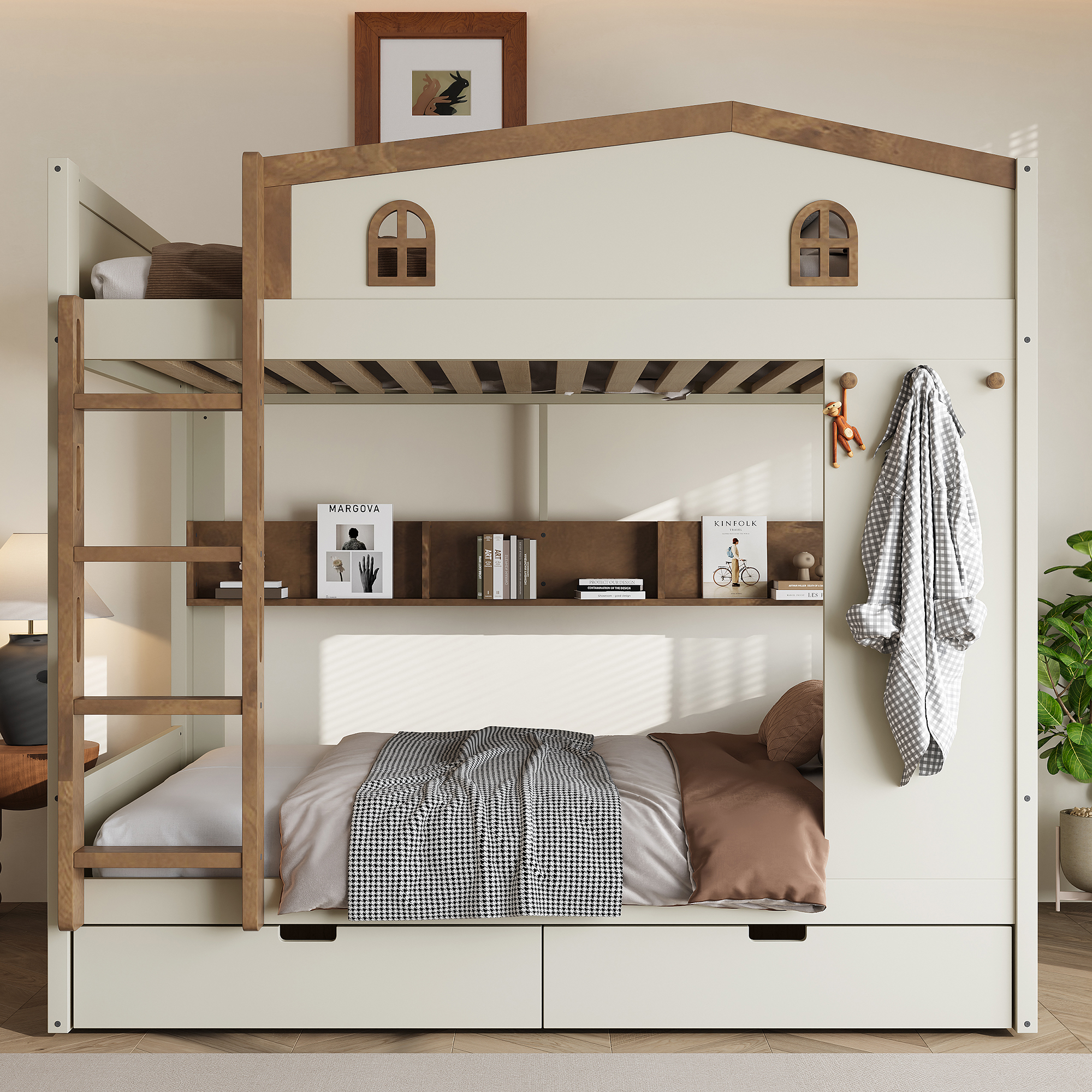 Full over Full Bunk Bed with Storage Drawers and Shelves, Solid Wood Bunk Beds with hooks, No Box Spring Needed, Beige&Natural - Image 3