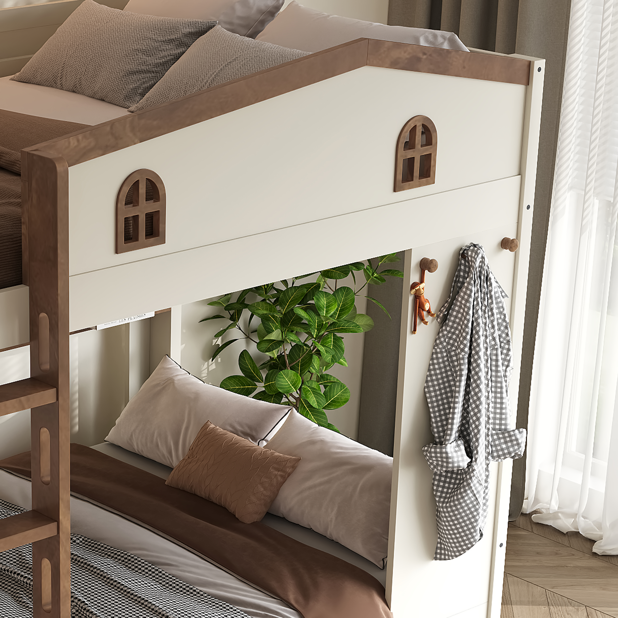 Full over Full Bunk Bed with Storage Drawers and Shelves, Solid Wood Bunk Beds with hooks, No Box Spring Needed, Beige&Natural - Image 4
