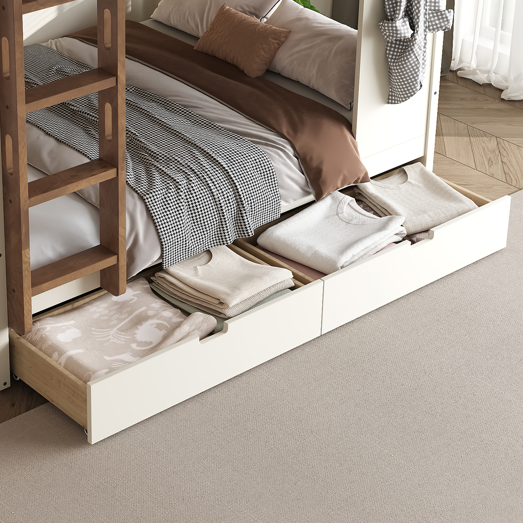 Full over Full Bunk Bed with Storage Drawers and Shelves, Solid Wood Bunk Beds with hooks, No Box Spring Needed, Beige&Natural - Image 5