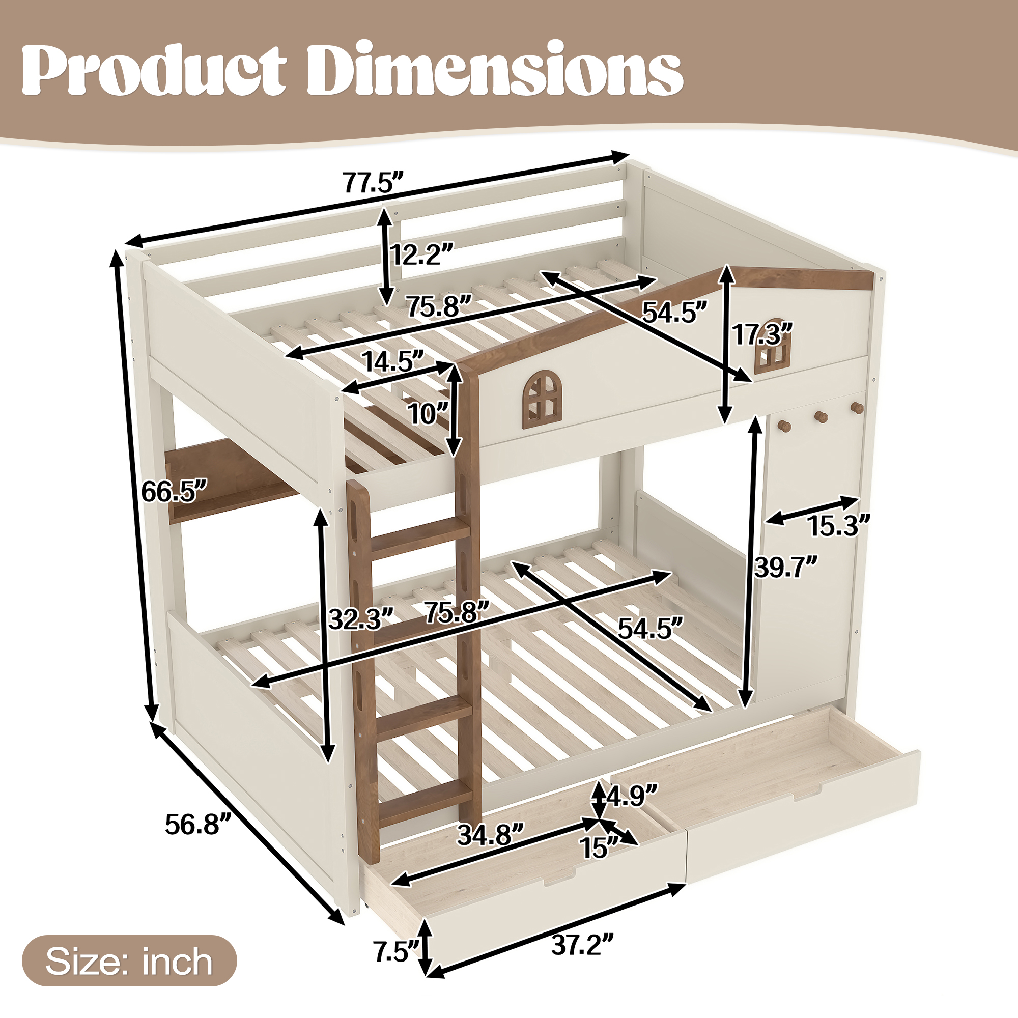 Full over Full Bunk Bed with Storage Drawers and Shelves, Solid Wood Bunk Beds with hooks, No Box Spring Needed, Beige&Natural - Image 6