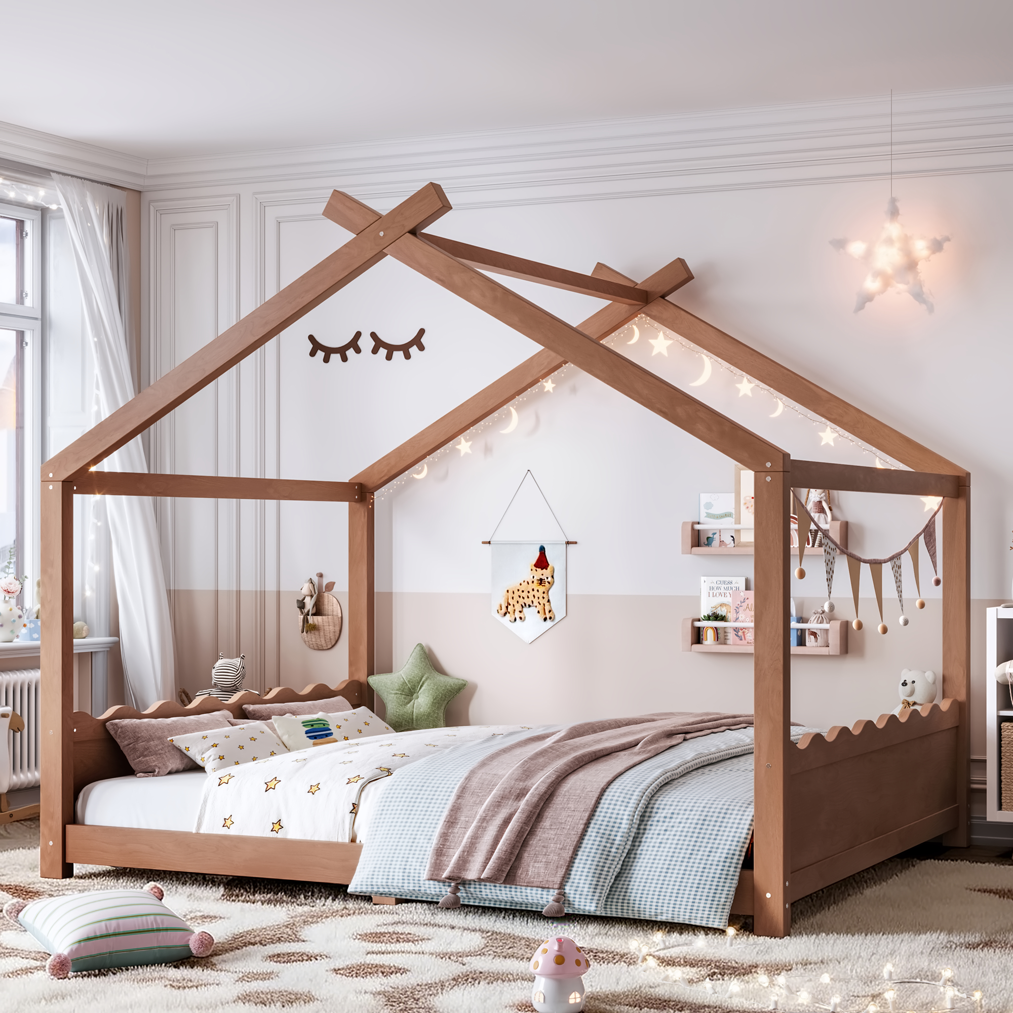 Queen House Floor Bed with Support Slats, Solid Wood House Bed Frame for Kids, No Box Spring Needed and Opening Constructure, Deep Natural