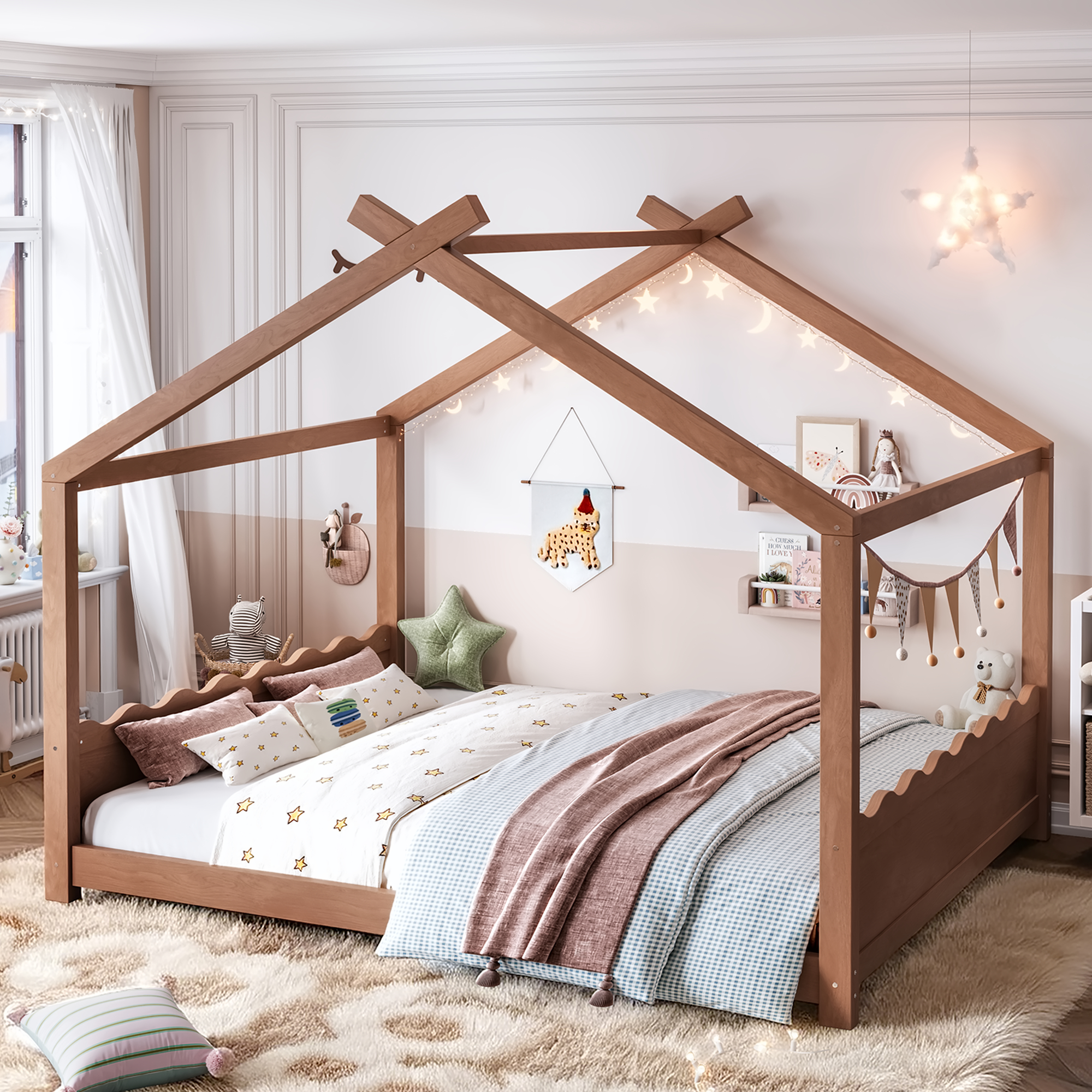 Queen House Floor Bed with Support Slats, Solid Wood House Bed Frame for Kids, No Box Spring Needed and Opening Constructure, Deep Natural - Image 2
