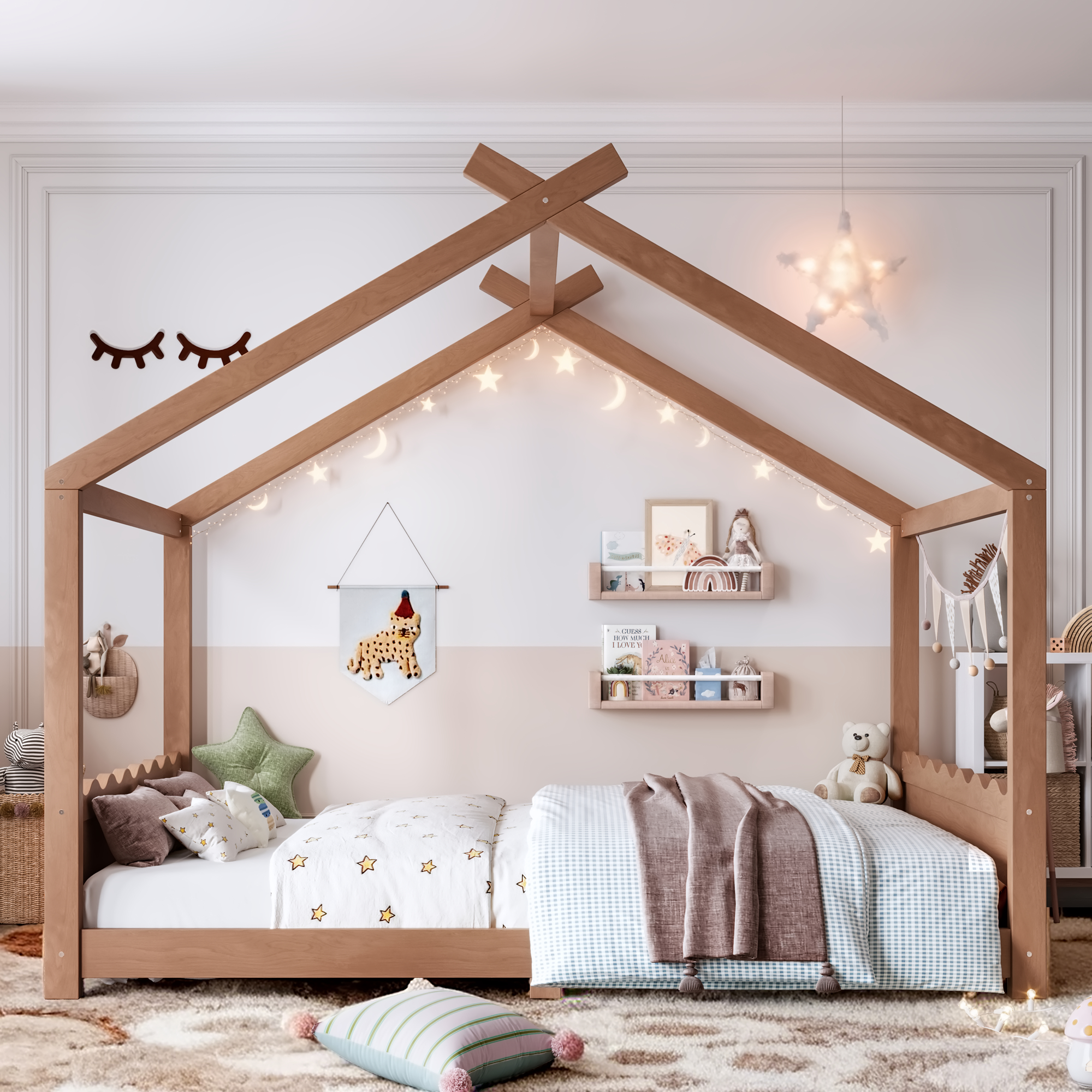 Queen House Floor Bed with Support Slats, Solid Wood House Bed Frame for Kids, No Box Spring Needed and Opening Constructure, Deep Natural - Image 3