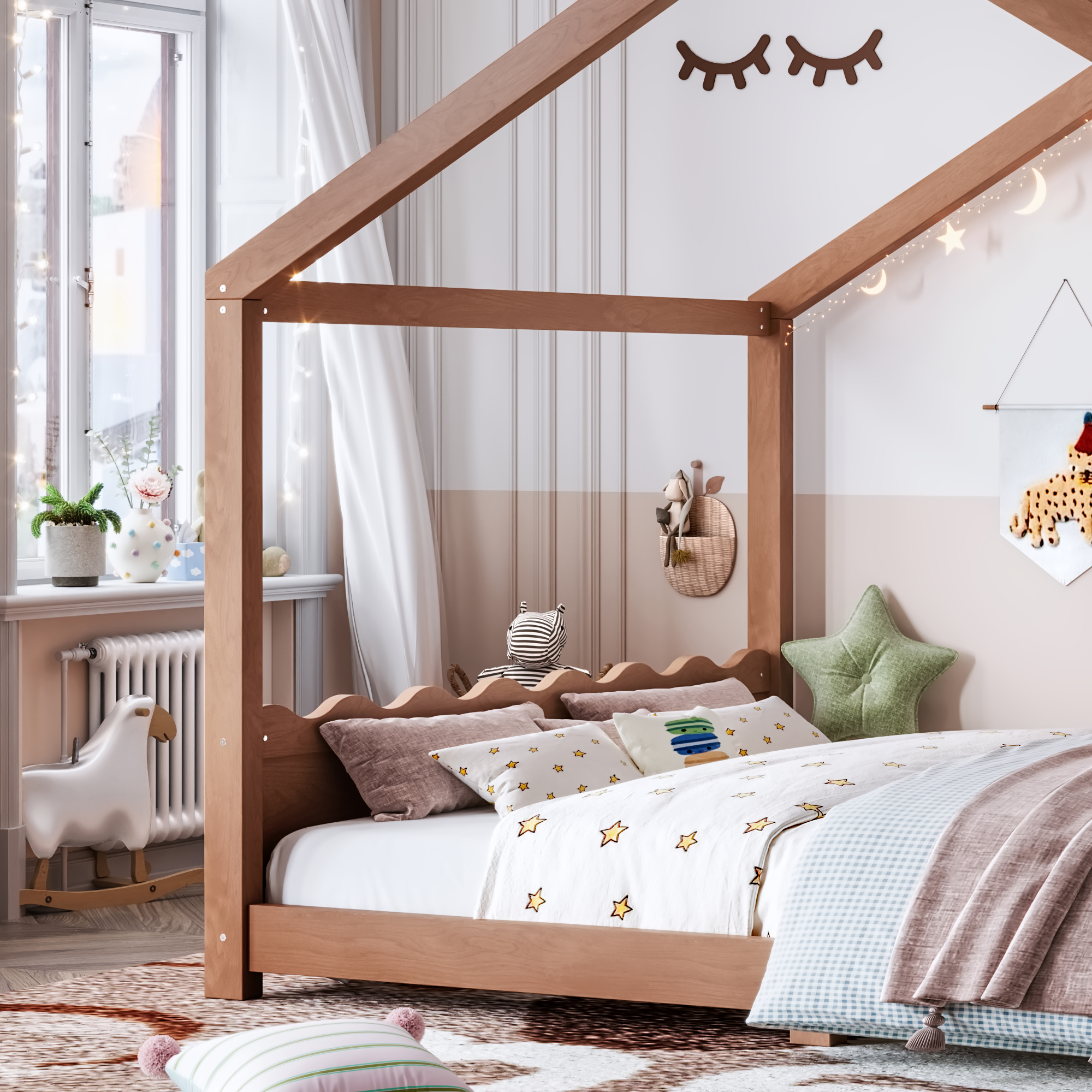 Queen House Floor Bed with Support Slats, Solid Wood House Bed Frame for Kids, No Box Spring Needed and Opening Constructure, Deep Natural - Image 4