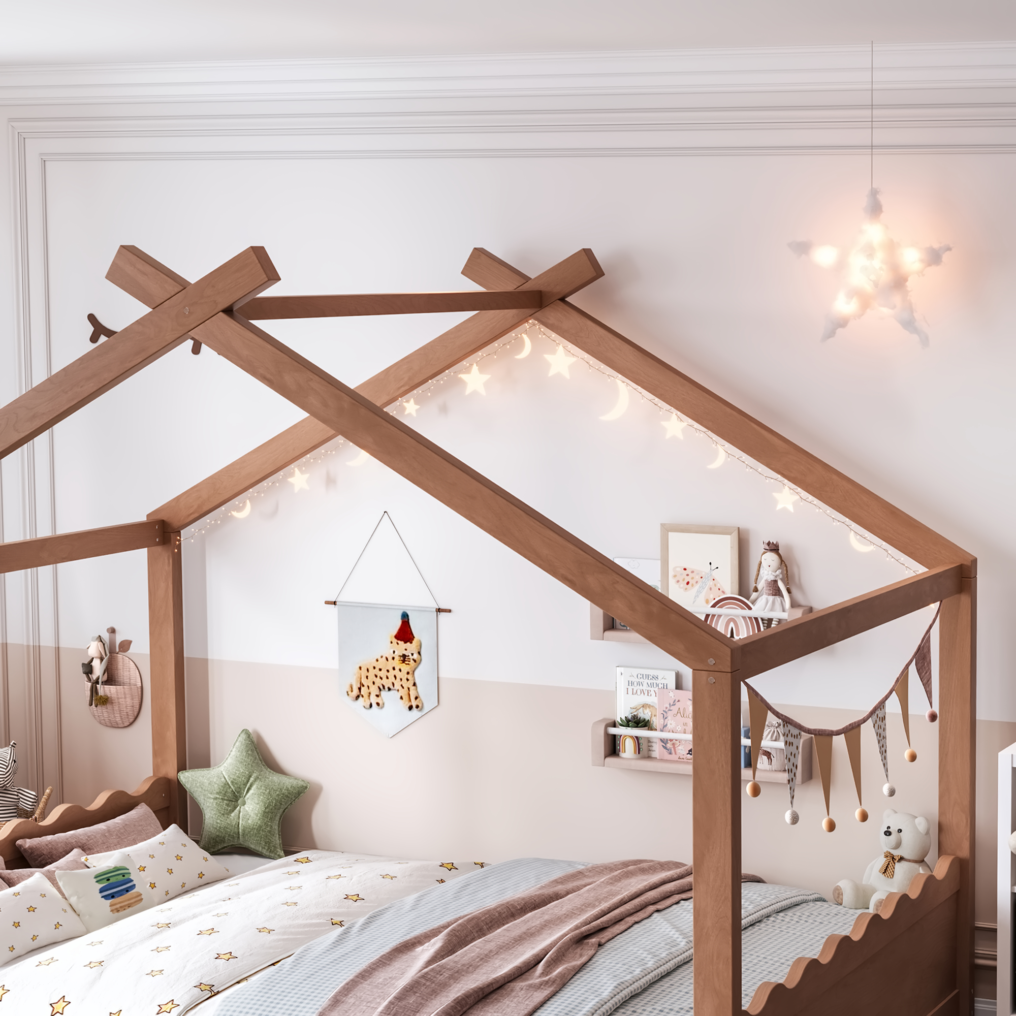 Queen House Floor Bed with Support Slats, Solid Wood House Bed Frame for Kids, No Box Spring Needed and Opening Constructure, Deep Natural - Image 5