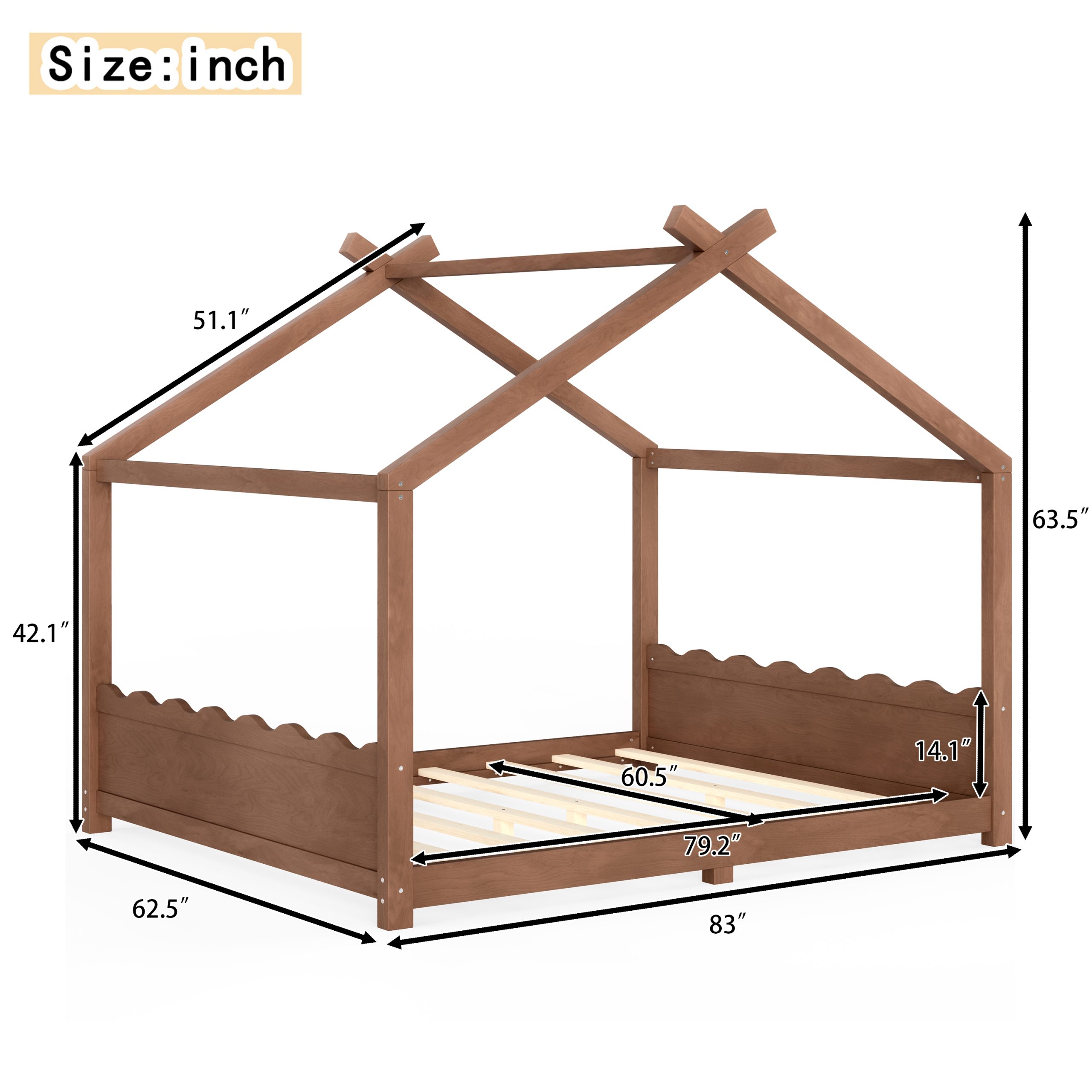 Queen House Floor Bed with Support Slats, Solid Wood House Bed Frame for Kids, No Box Spring Needed and Opening Constructure, Deep Natural - Image 6
