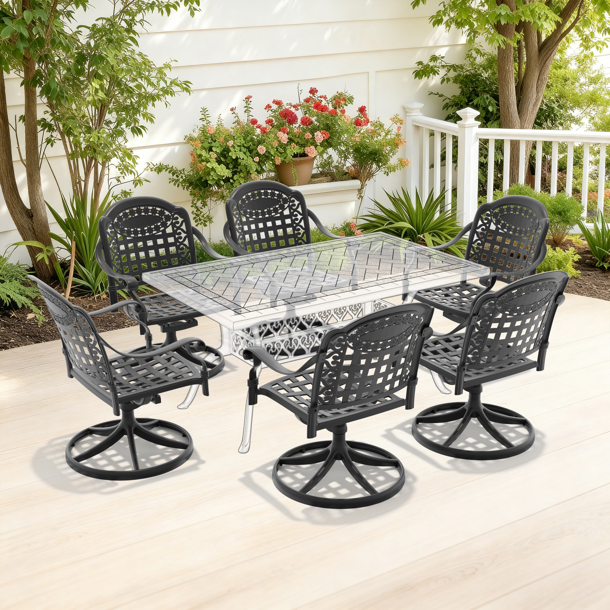 Cast Aluminum Patio Swivel Chair 6PCS With Black Frame and Blue Cushions - Image 2