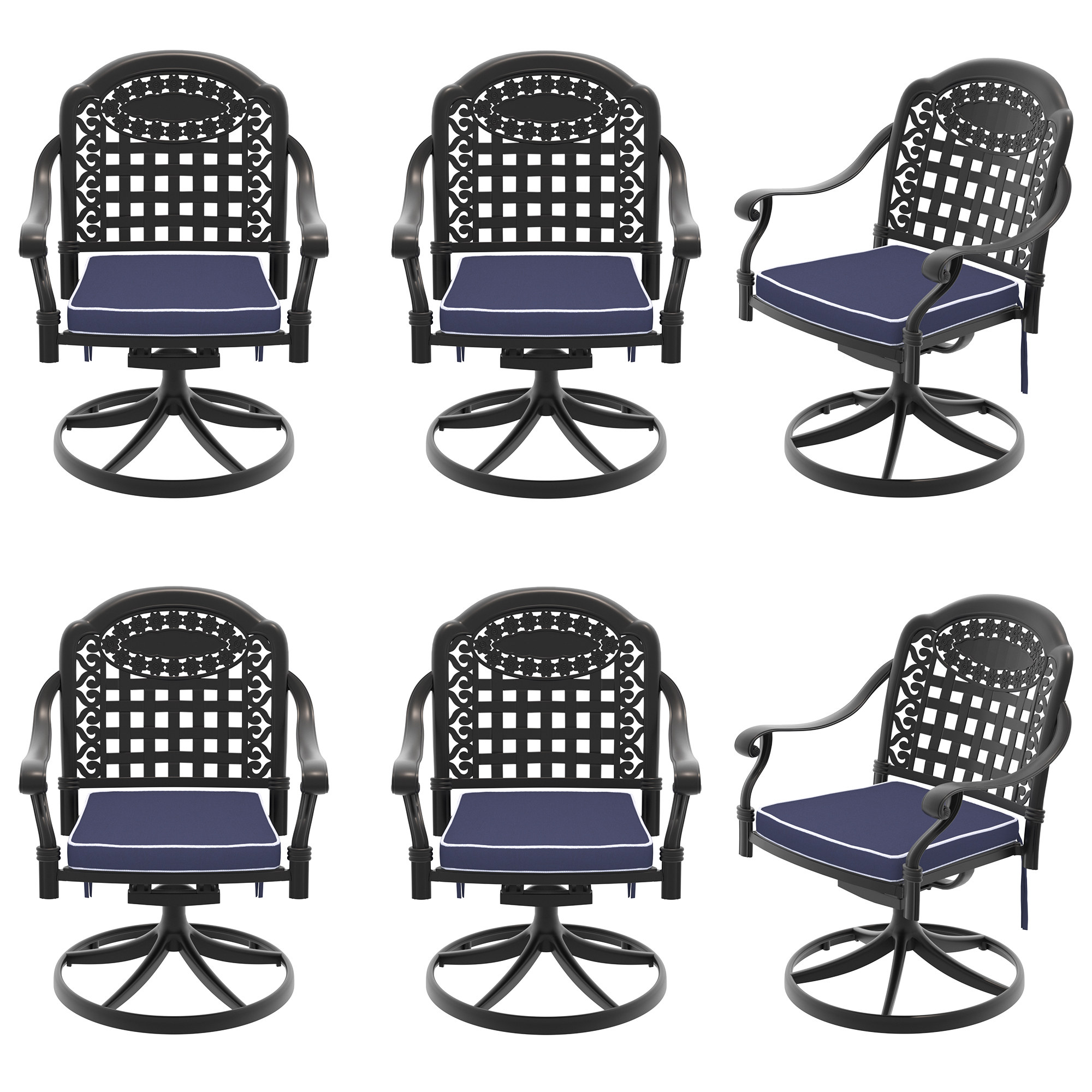 Cast Aluminum Patio Swivel Chair 6PCS With Black Frame and Blue Cushions - Image 3