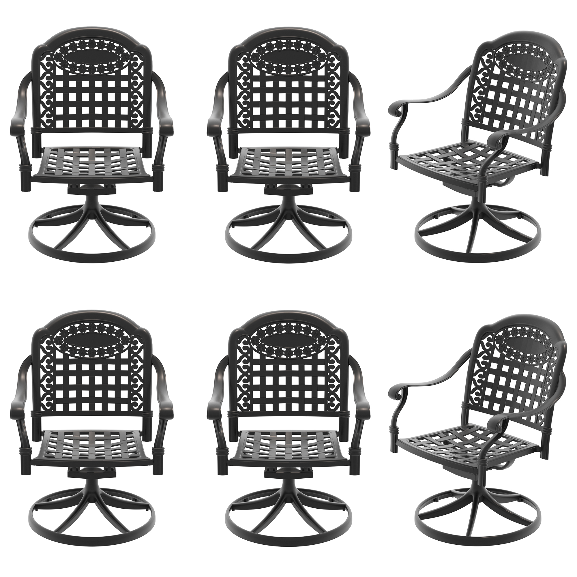 Cast Aluminum Patio Swivel Chair 6PCS With Black Frame and Blue Cushions - Image 4