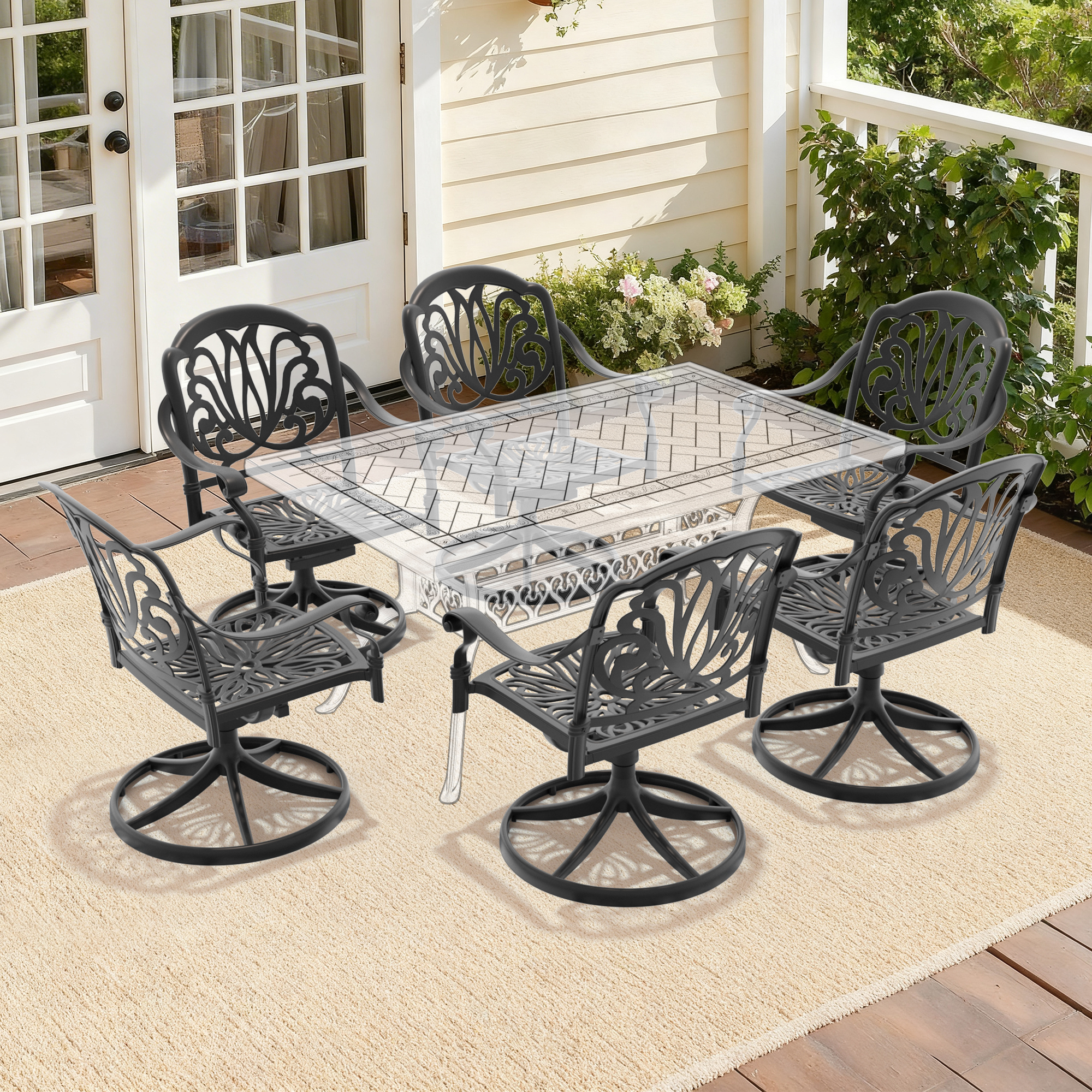 Cast Aluminum Patio Swivel Chair 6PCS With Black Frame and Brown Cushions - Image 2