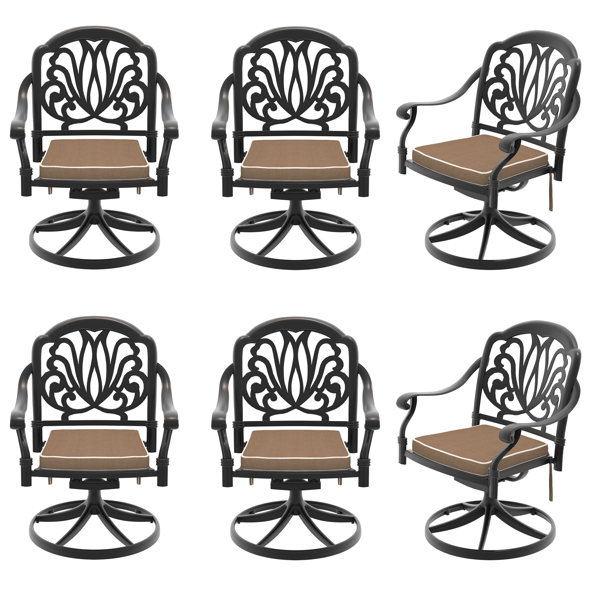 Cast Aluminum Patio Swivel Chair 6PCS With Black Frame and Brown Cushions - Image 3
