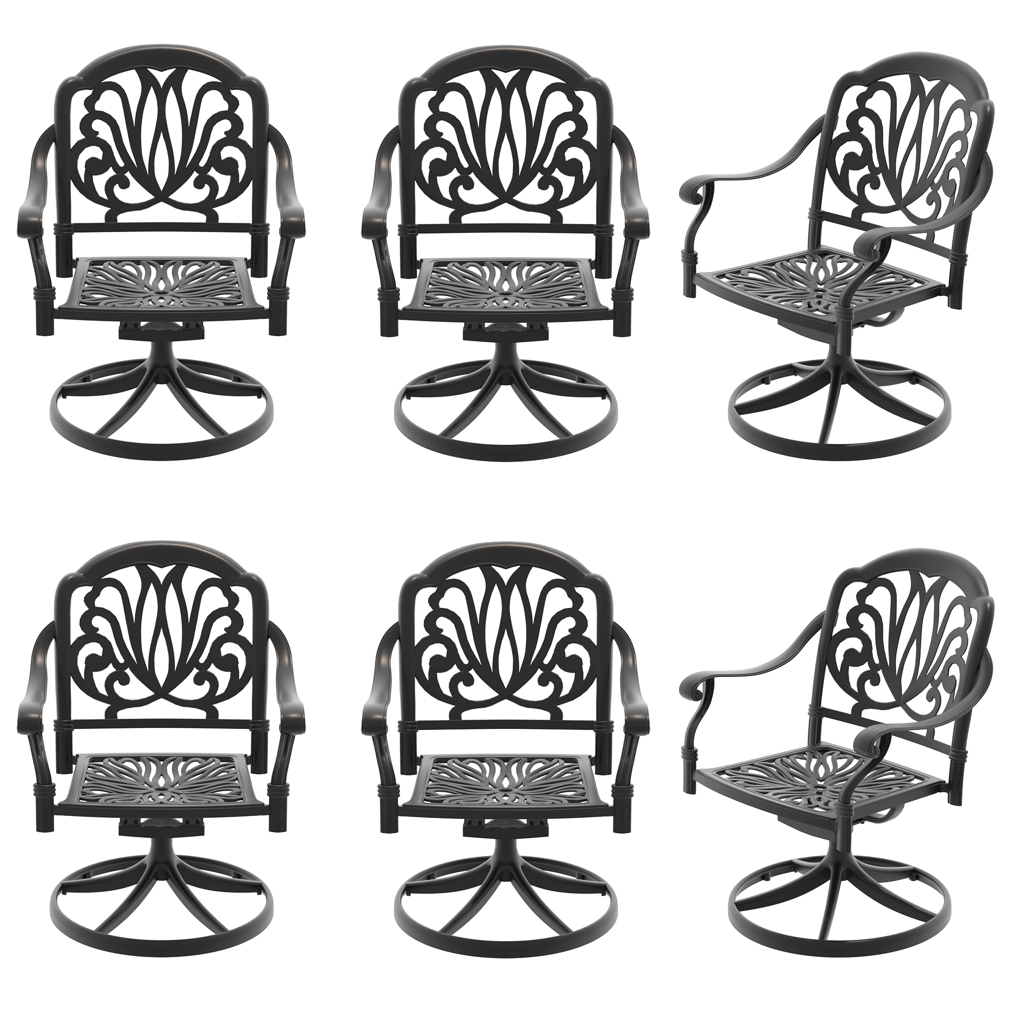 Cast Aluminum Patio Swivel Chair 6PCS With Black Frame and Brown Cushions - Image 4