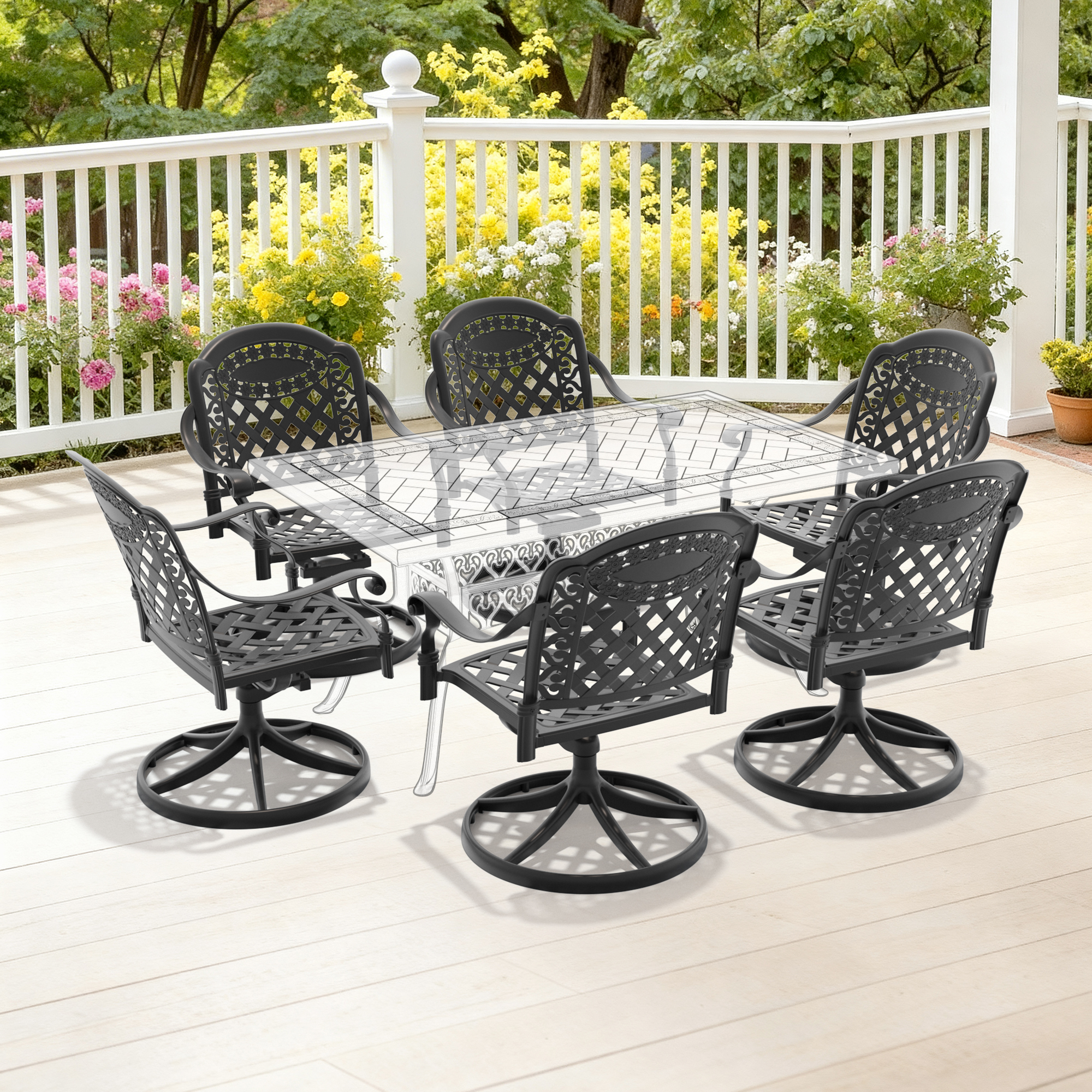 Cast Aluminum Patio Swivel Chair 6PCS With Black Frame and Red Cushions - Image 2