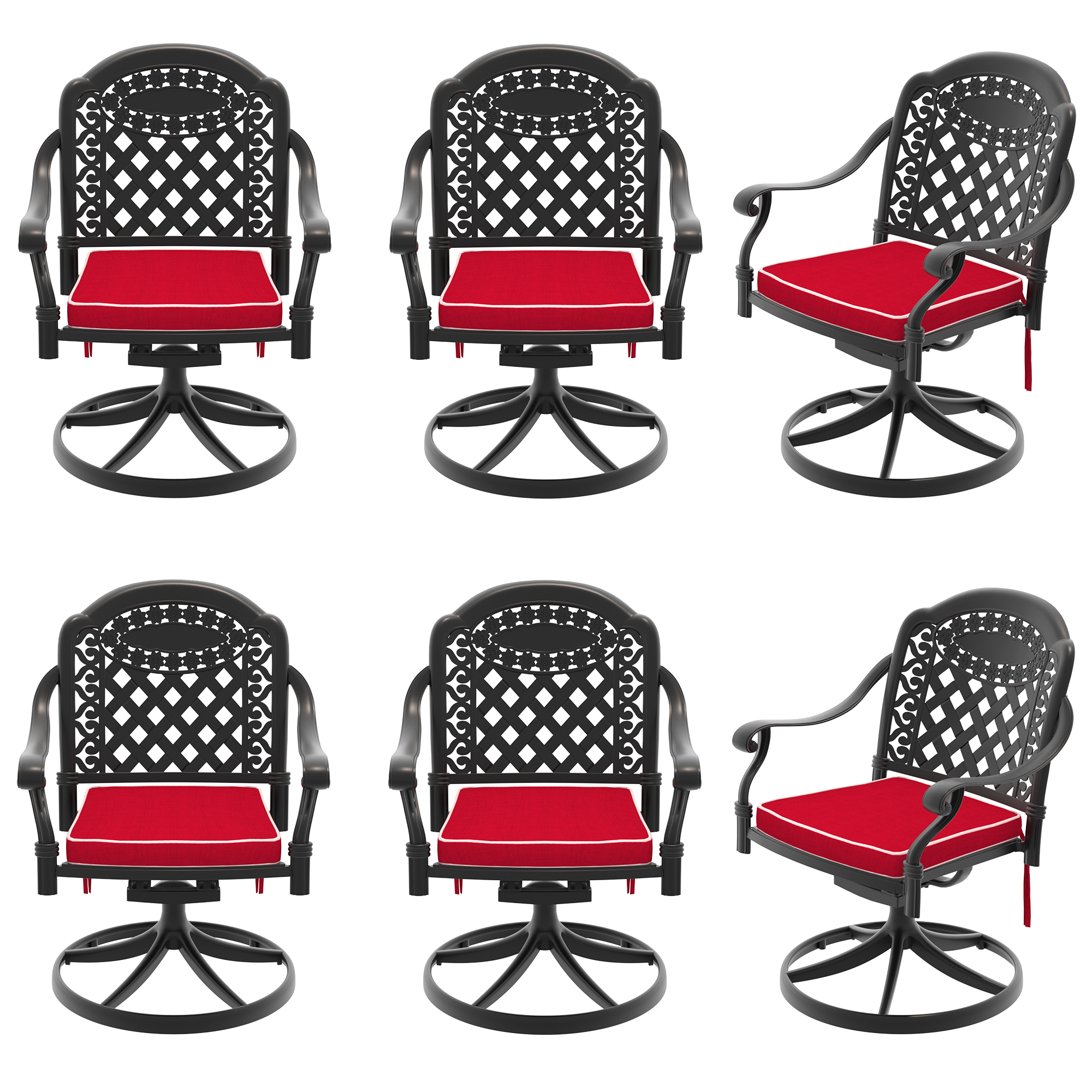 Cast Aluminum Patio Swivel Chair 6PCS With Black Frame and Red Cushions - Image 3