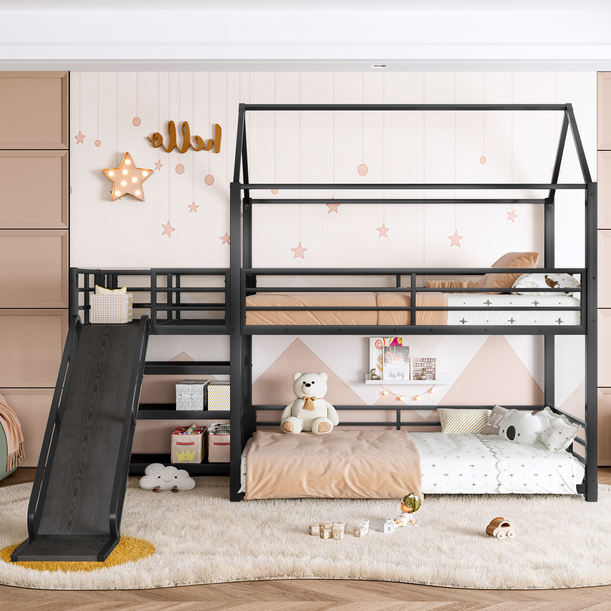 Twin metal House Bunk Bed with Storage Stairs, Slide, Safety Rails, Black - Image 2