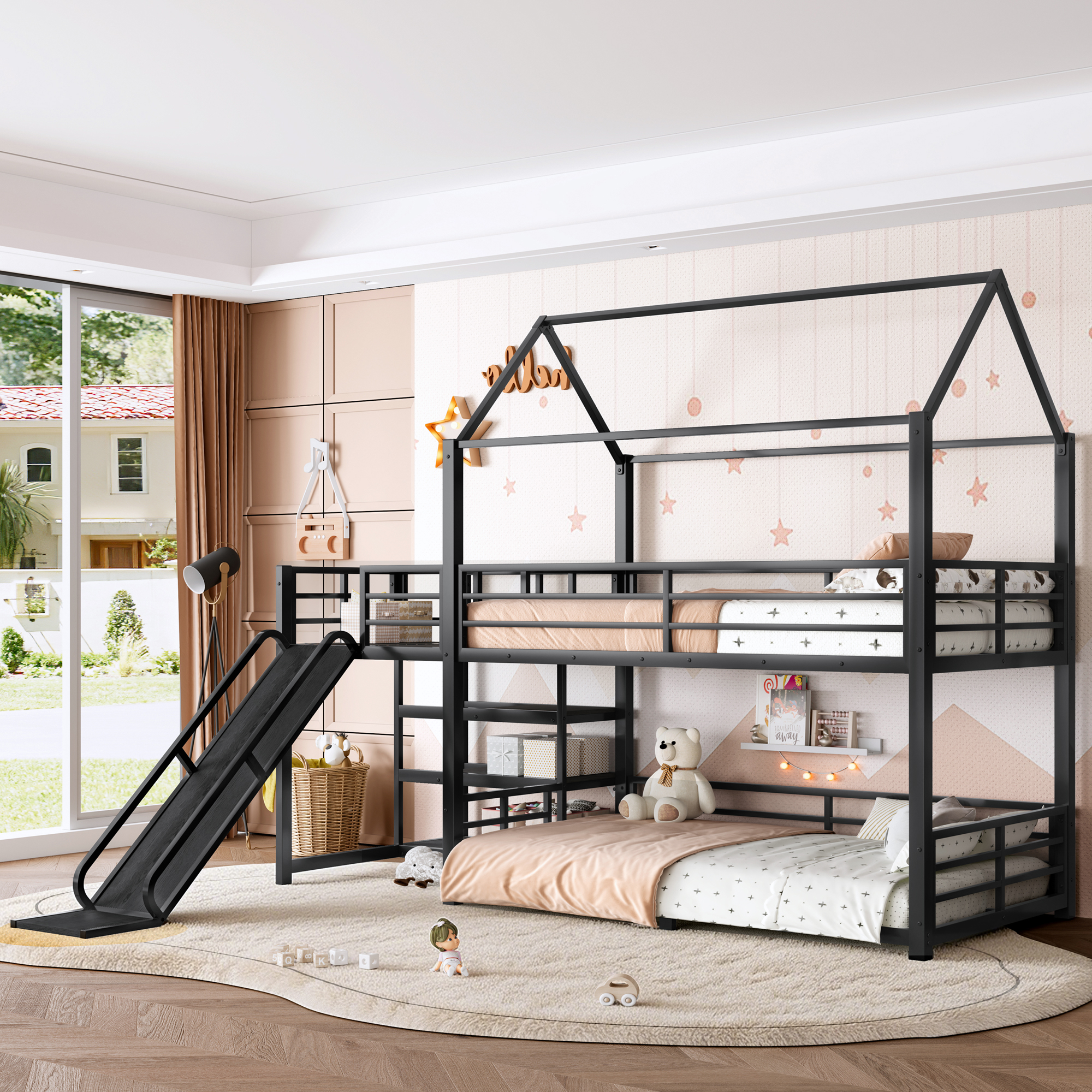 Twin metal House Bunk Bed with Storage Stairs, Slide, Safety Rails, Black - Image 3
