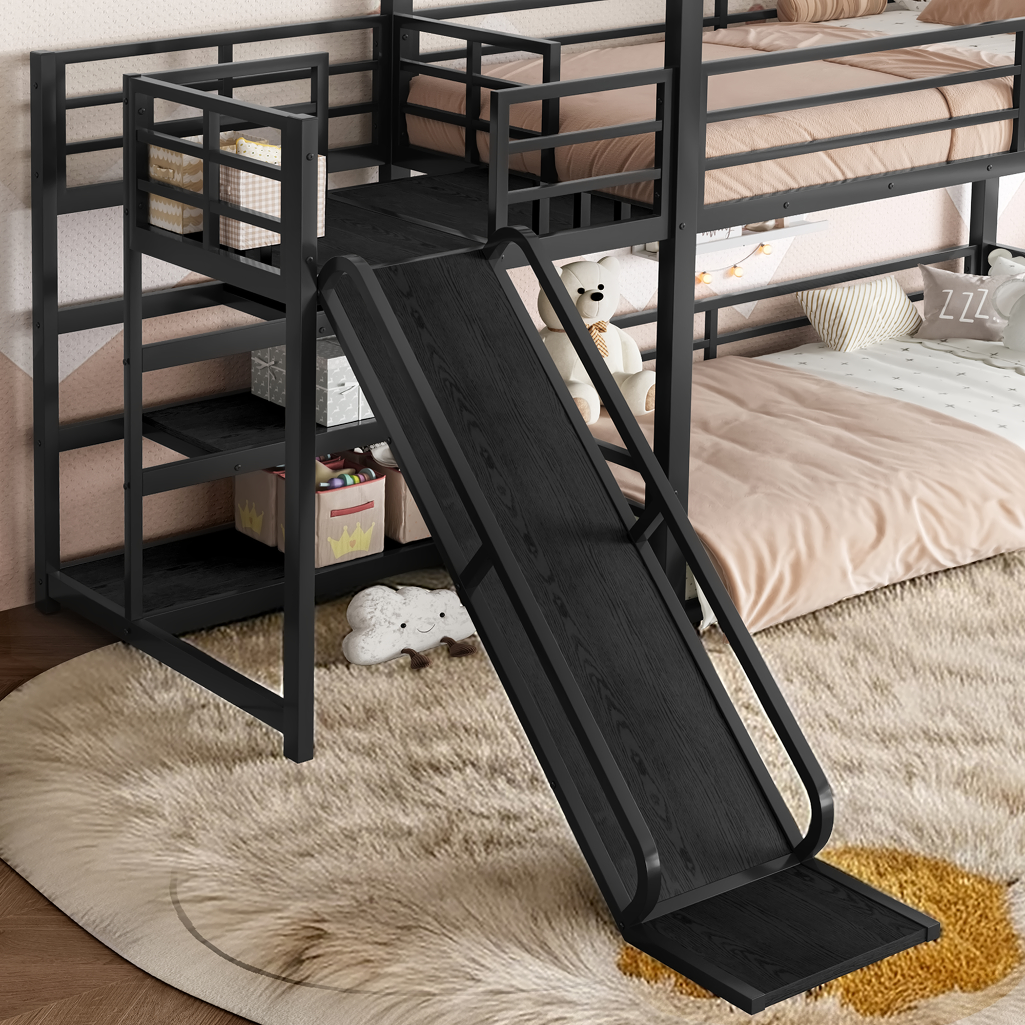 Twin metal House Bunk Bed with Storage Stairs, Slide, Safety Rails, Black - Image 4