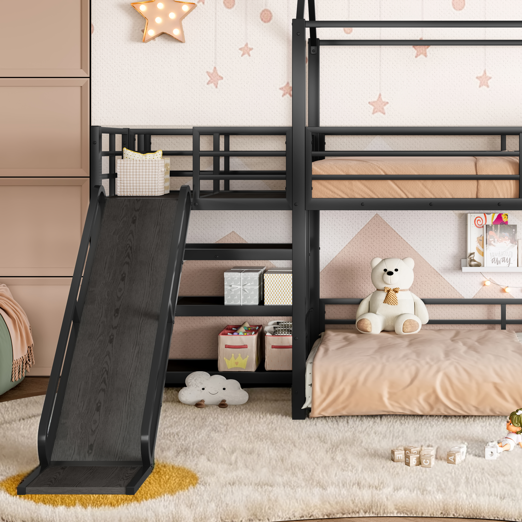 Twin metal House Bunk Bed with Storage Stairs, Slide, Safety Rails, Black - Image 5
