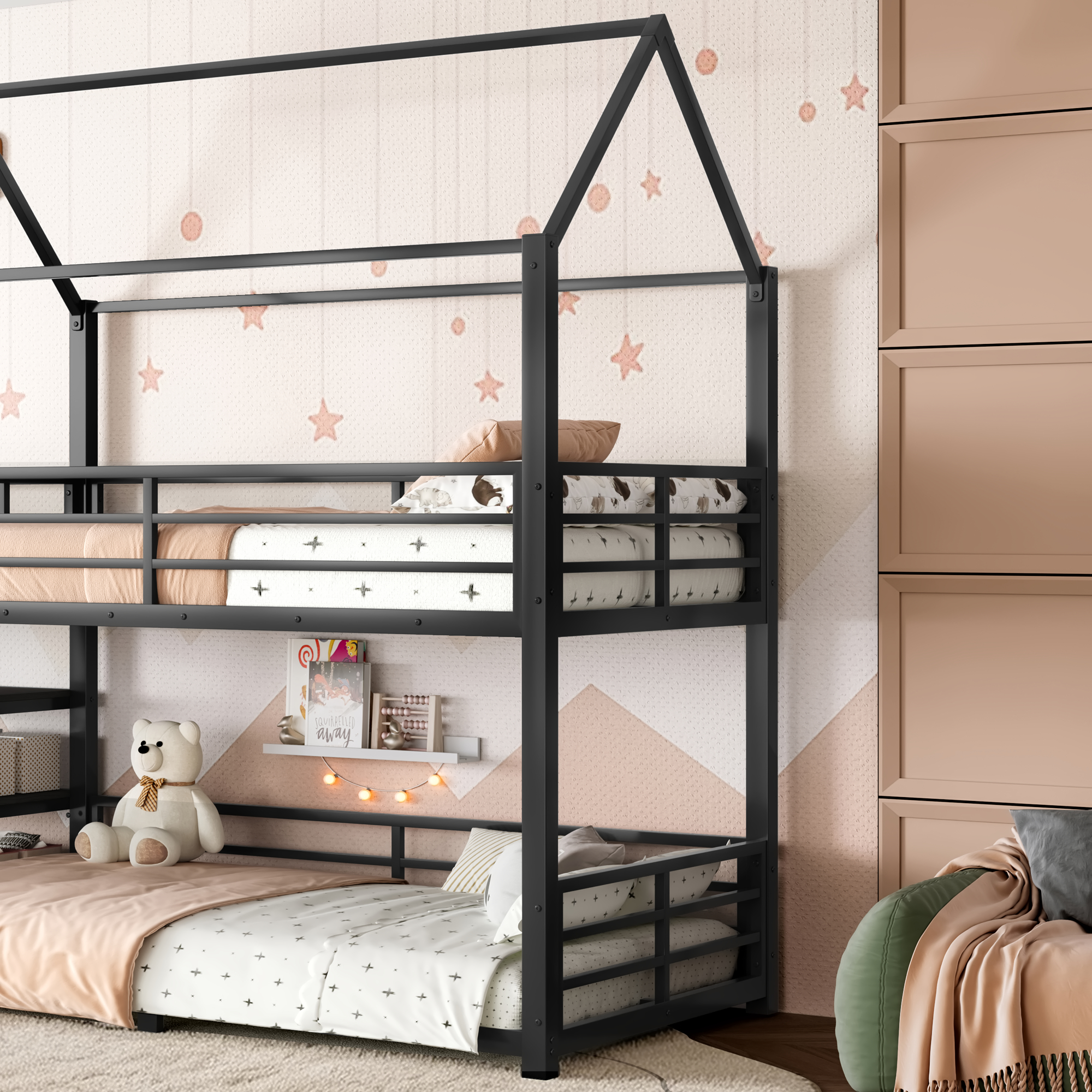 Twin metal House Bunk Bed with Storage Stairs, Slide, Safety Rails, Black - Image 6