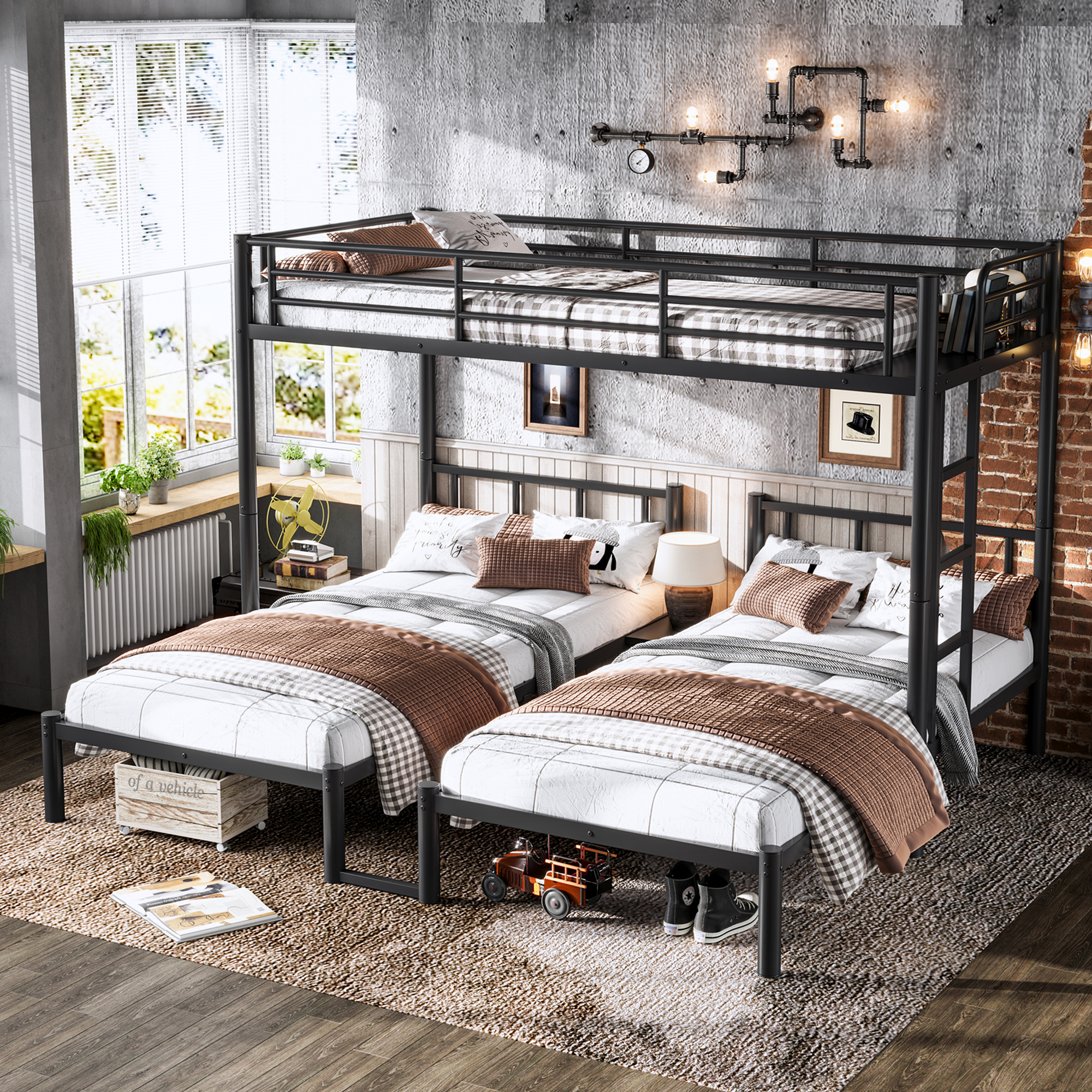 Twin over Twin & Twin Bunk Beds for 3, Twin XL over Twin & Twin Bunk Bed Metal Triple Bunk Bed, Black - Image 1