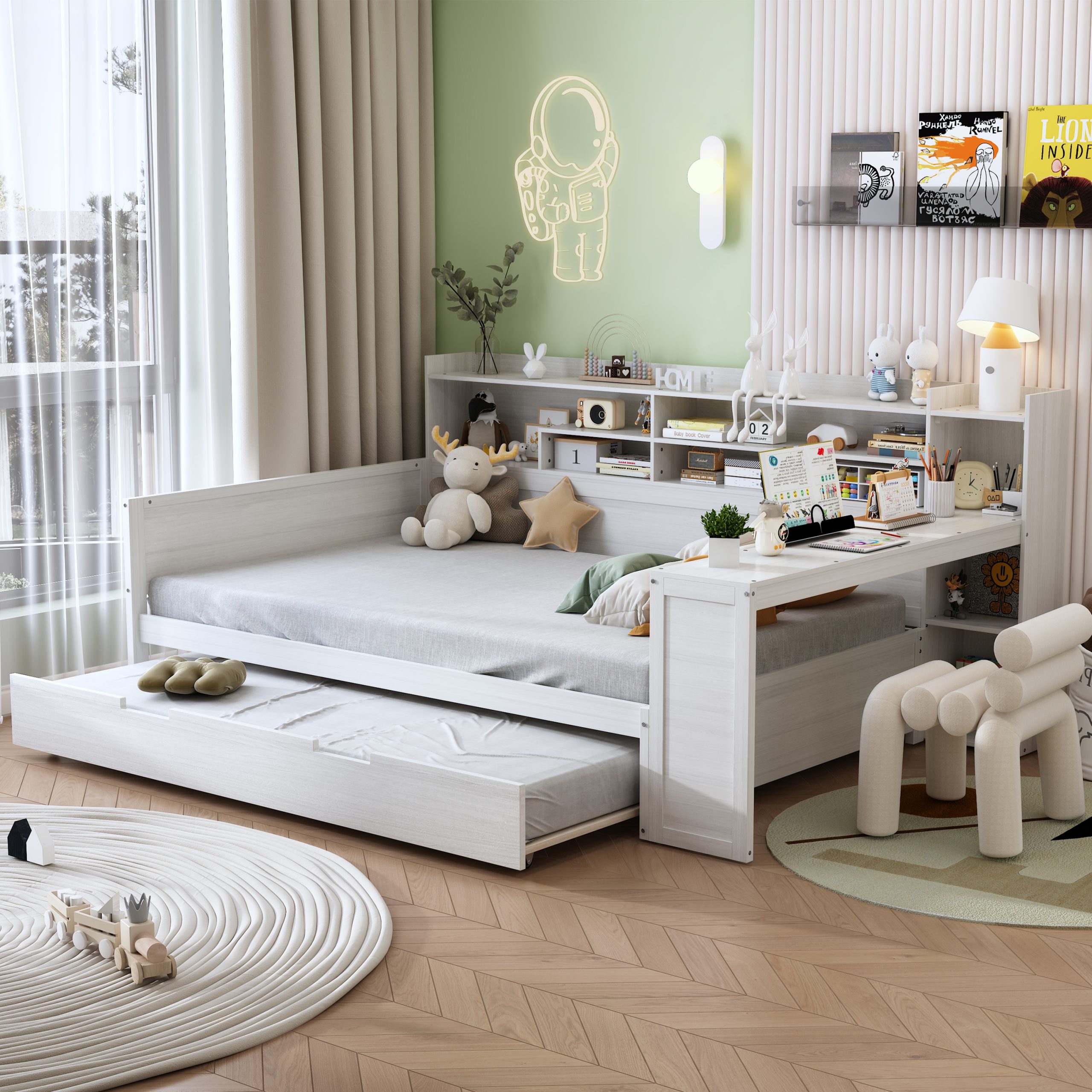 Wooden Full Size Daybed with Storage Shelves, Multi-functional Bed with Twin Size Trundle Bed and Study Desk, Antique White(OLD SKU:N733S242277K)