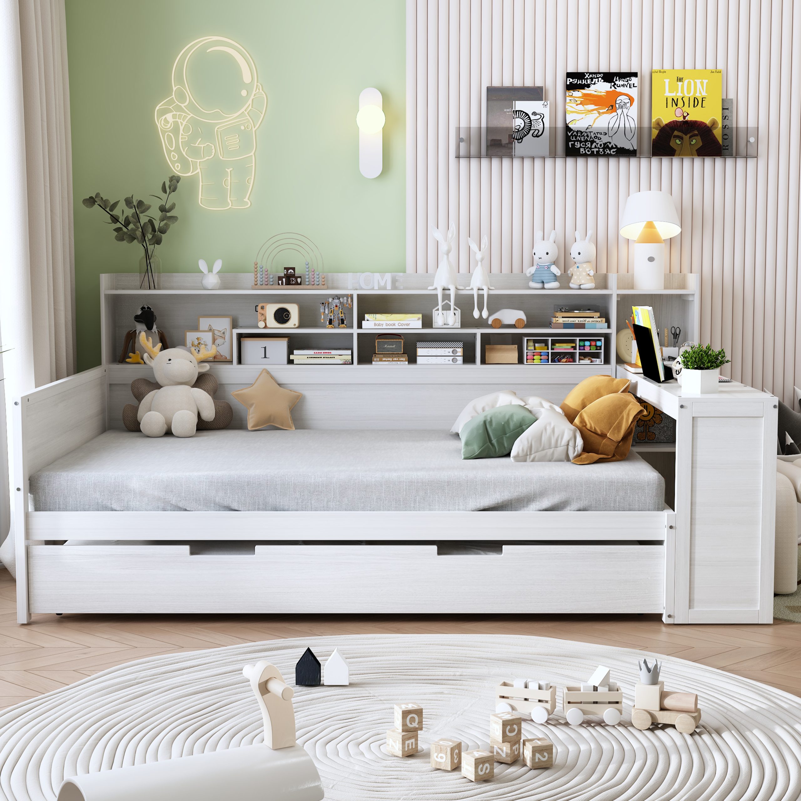 Wooden Full Size Daybed with Storage Shelves, Multi-functional Bed with Twin Size Trundle Bed and Study Desk, Antique White(OLD SKU:N733S242277K) - Image 2
