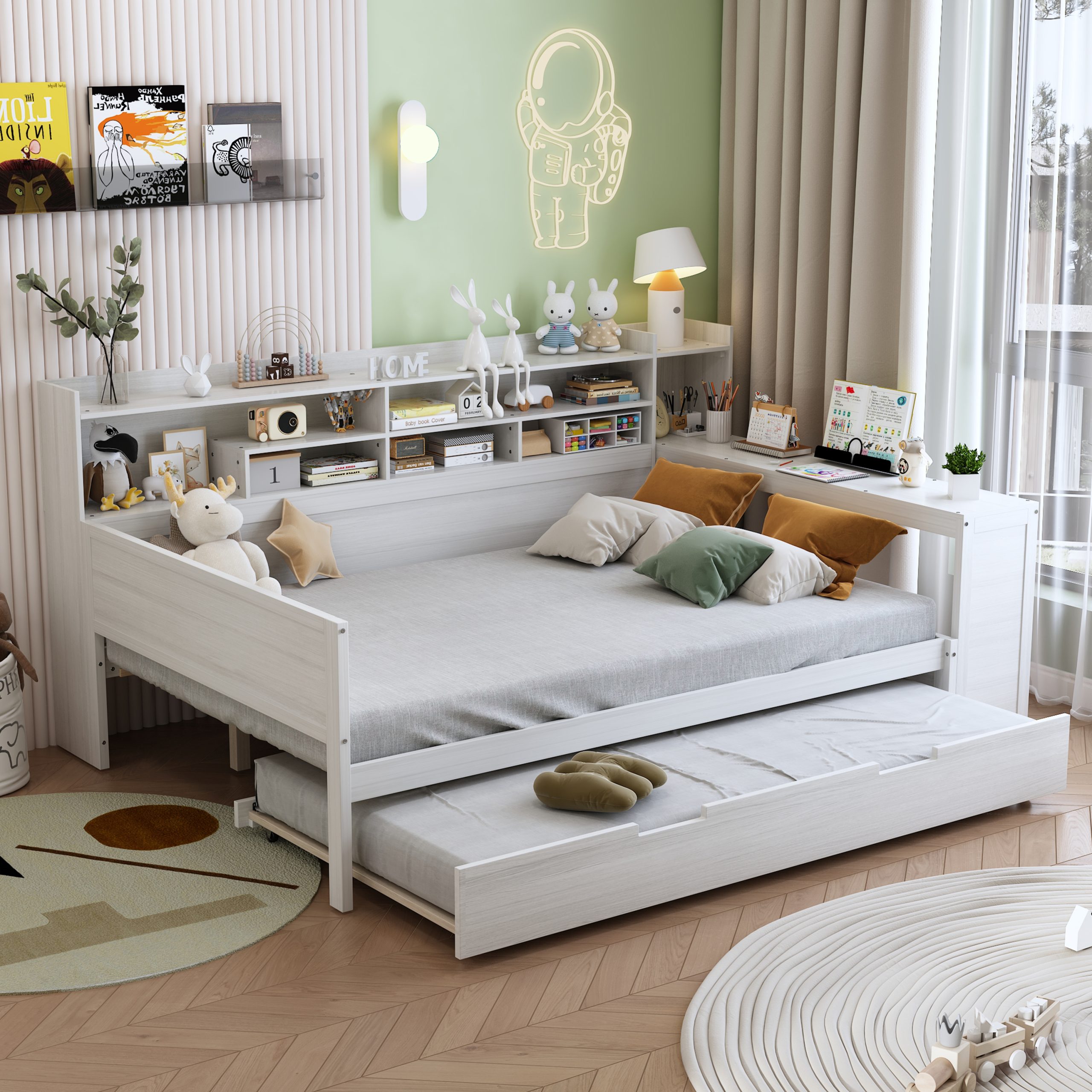 Wooden Full Size Daybed with Storage Shelves, Multi-functional Bed with Twin Size Trundle Bed and Study Desk, Antique White(OLD SKU:N733S242277K) - Image 3