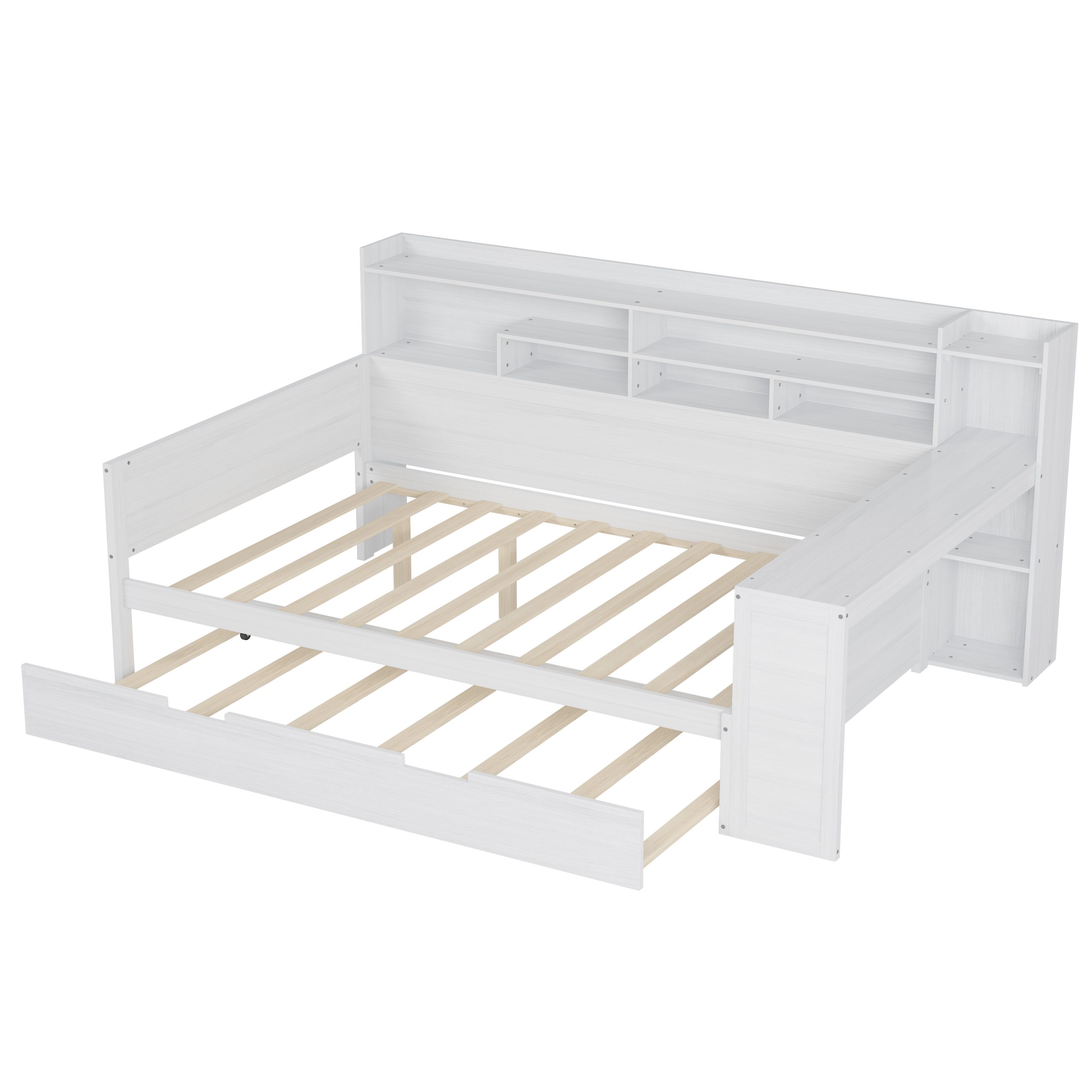 Wooden Full Size Daybed with Storage Shelves, Multi-functional Bed with Twin Size Trundle Bed and Study Desk, Antique White(OLD SKU:N733S242277K) - Image 4