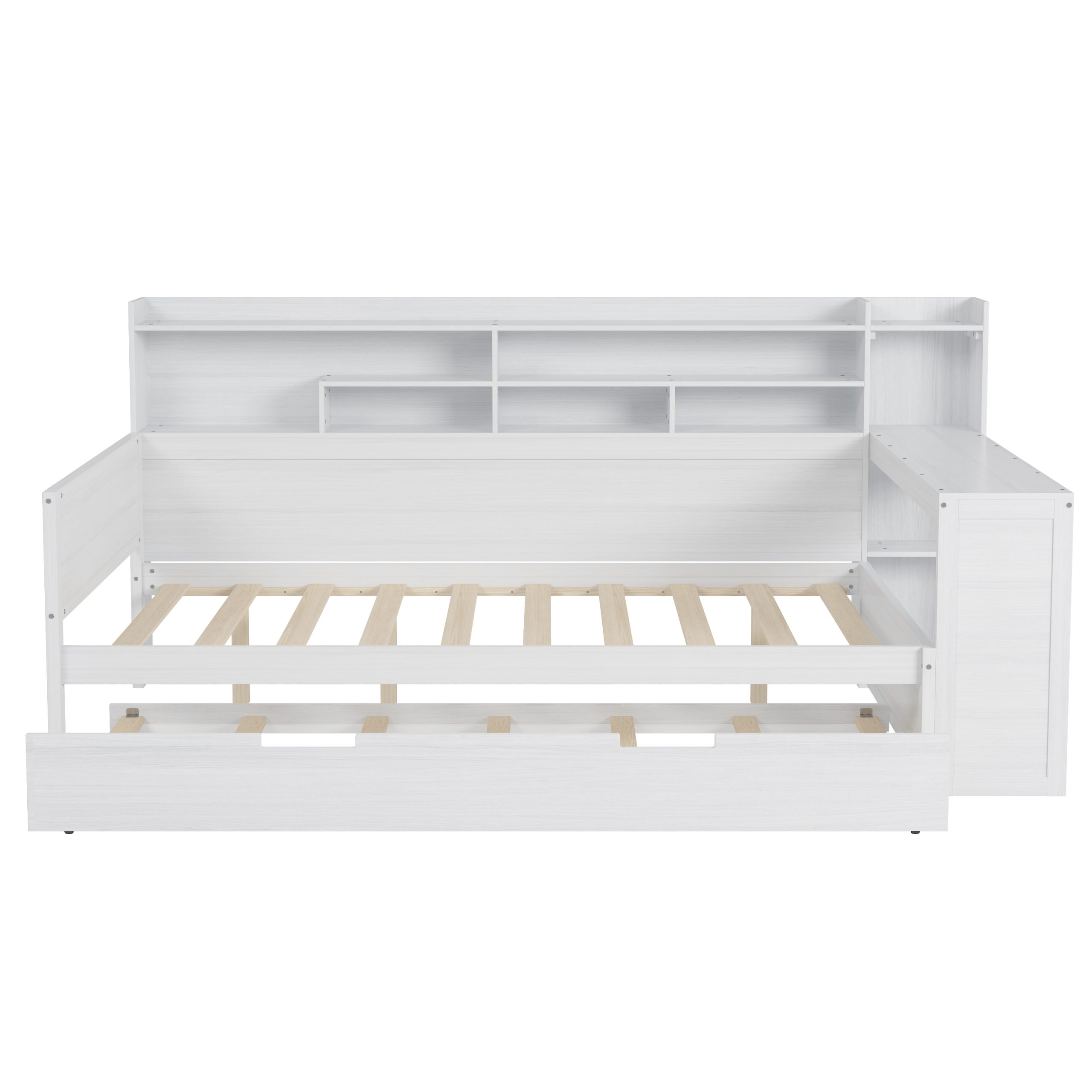 Wooden Full Size Daybed with Storage Shelves, Multi-functional Bed with Twin Size Trundle Bed and Study Desk, Antique White(OLD SKU:N733S242277K) - Image 5