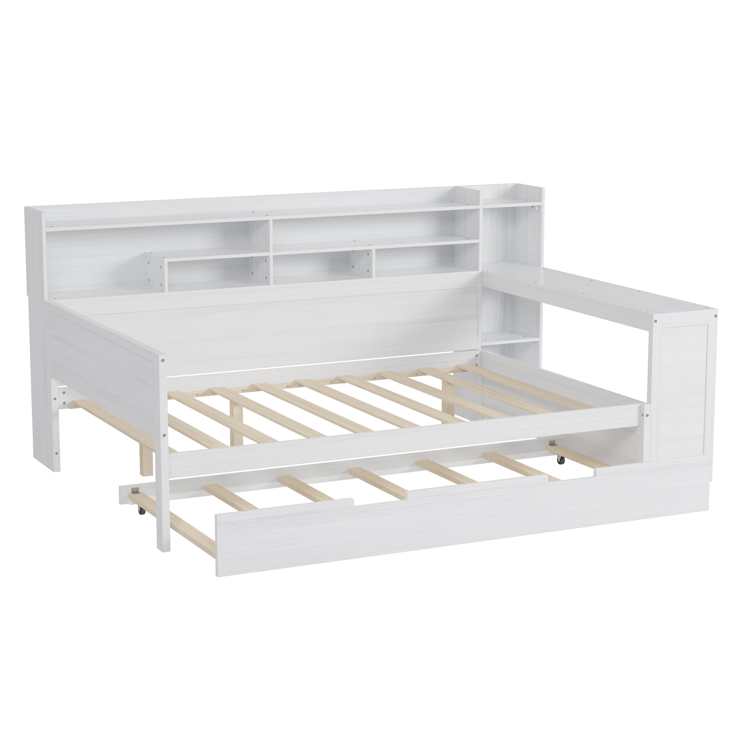 Wooden Full Size Daybed with Storage Shelves, Multi-functional Bed with Twin Size Trundle Bed and Study Desk, Antique White(OLD SKU:N733S242277K) - Image 6
