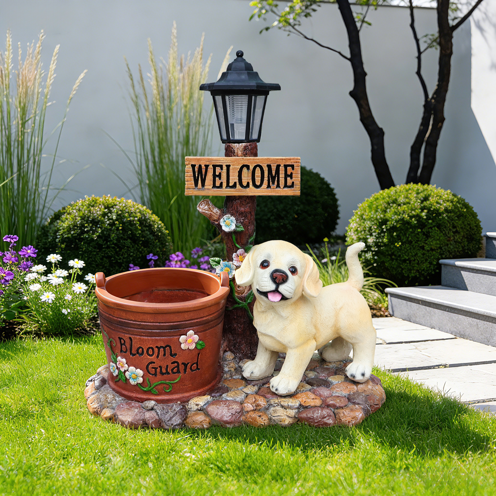 Labrador Puppy Solar Planter Garden Statue - Image 3