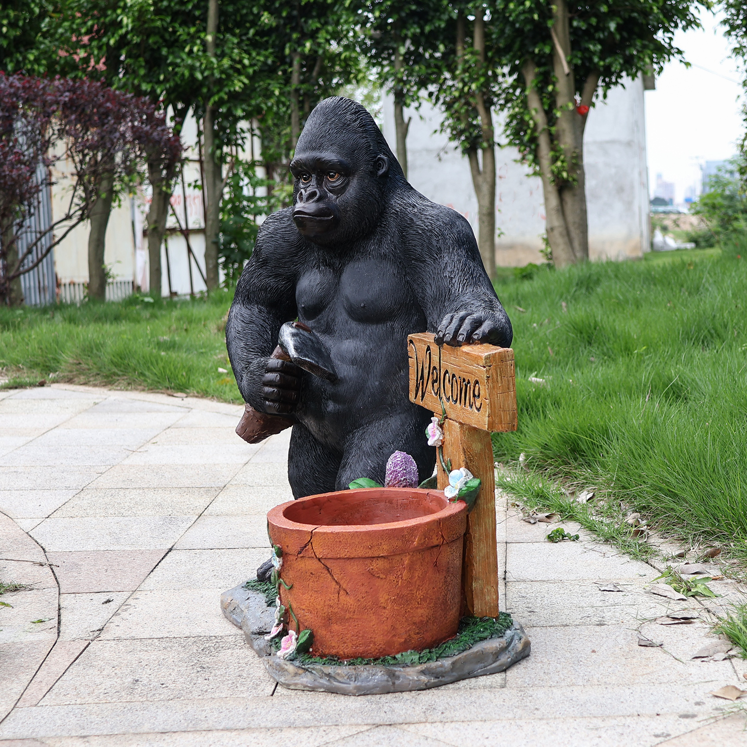 Outdoor Garden Sculpture Chimpanzees Flower Pot Planter - Unique Yard Statue Decoration, Interesting Law Outdoor Ornament - Image 2