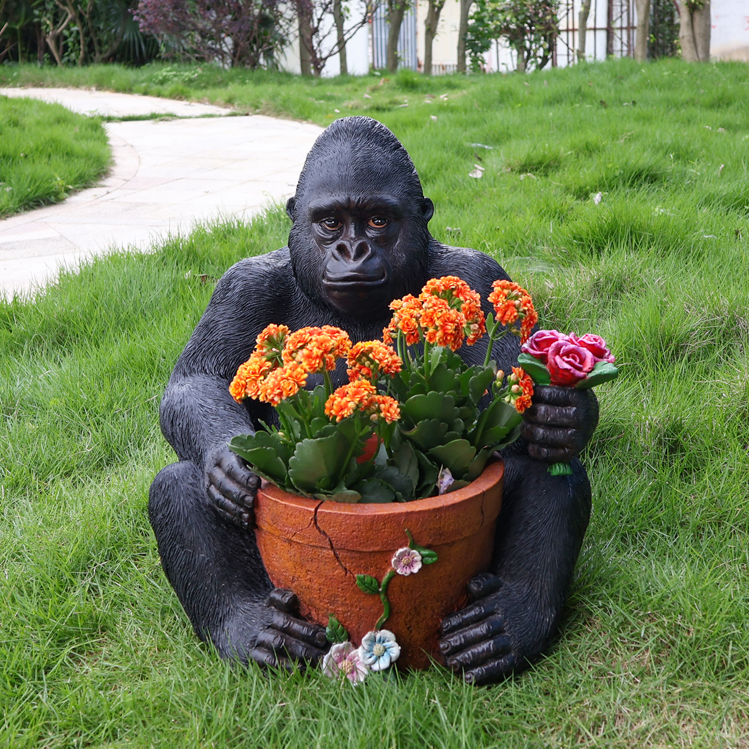 Outdoor Garden Sculpture Chimpanzees Flower Pot Planter - Unique Yard Statue Decoration, Interesting Law Outdoor Ornament - Image 5