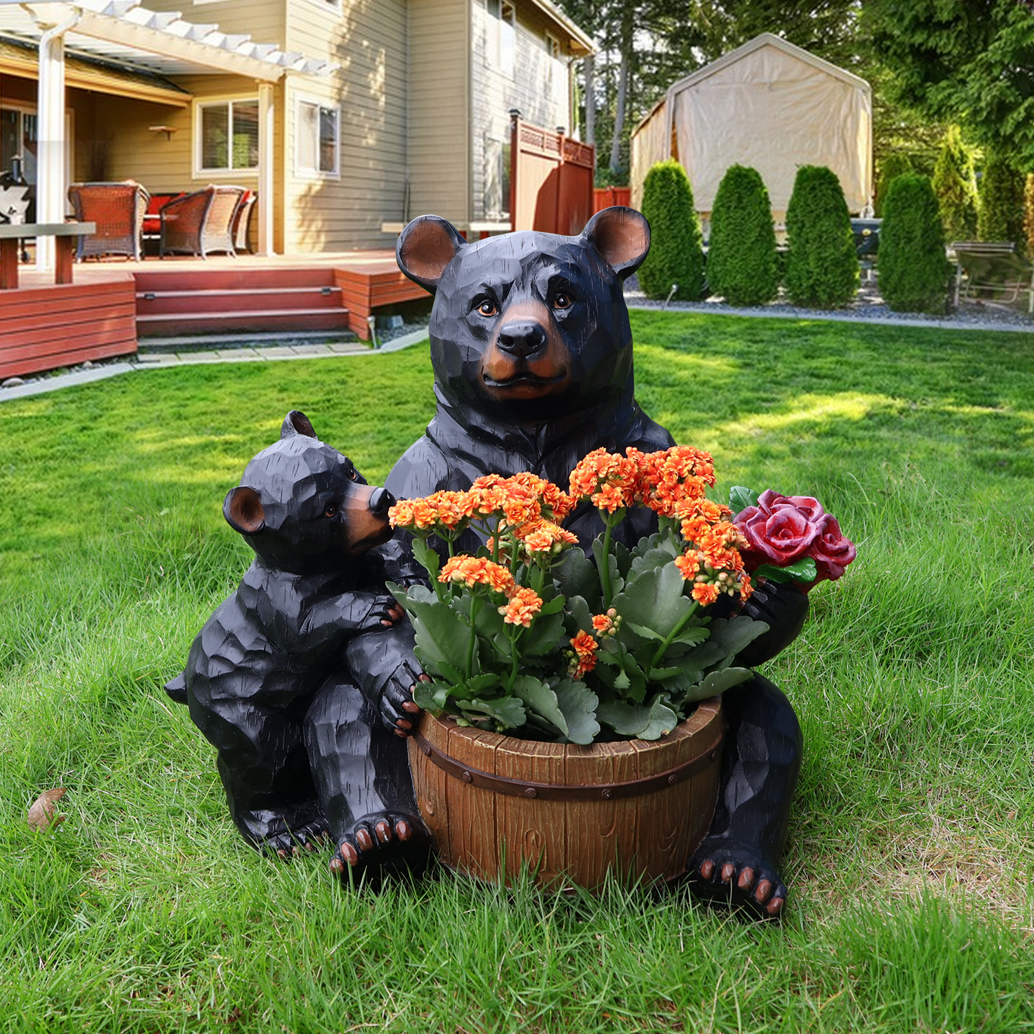 Outdoor Garden Sculpture Bear Flower Pot Planter - Unique Yard Statue Decoration, Interesting Law Outdoor Ornament - Image 2
