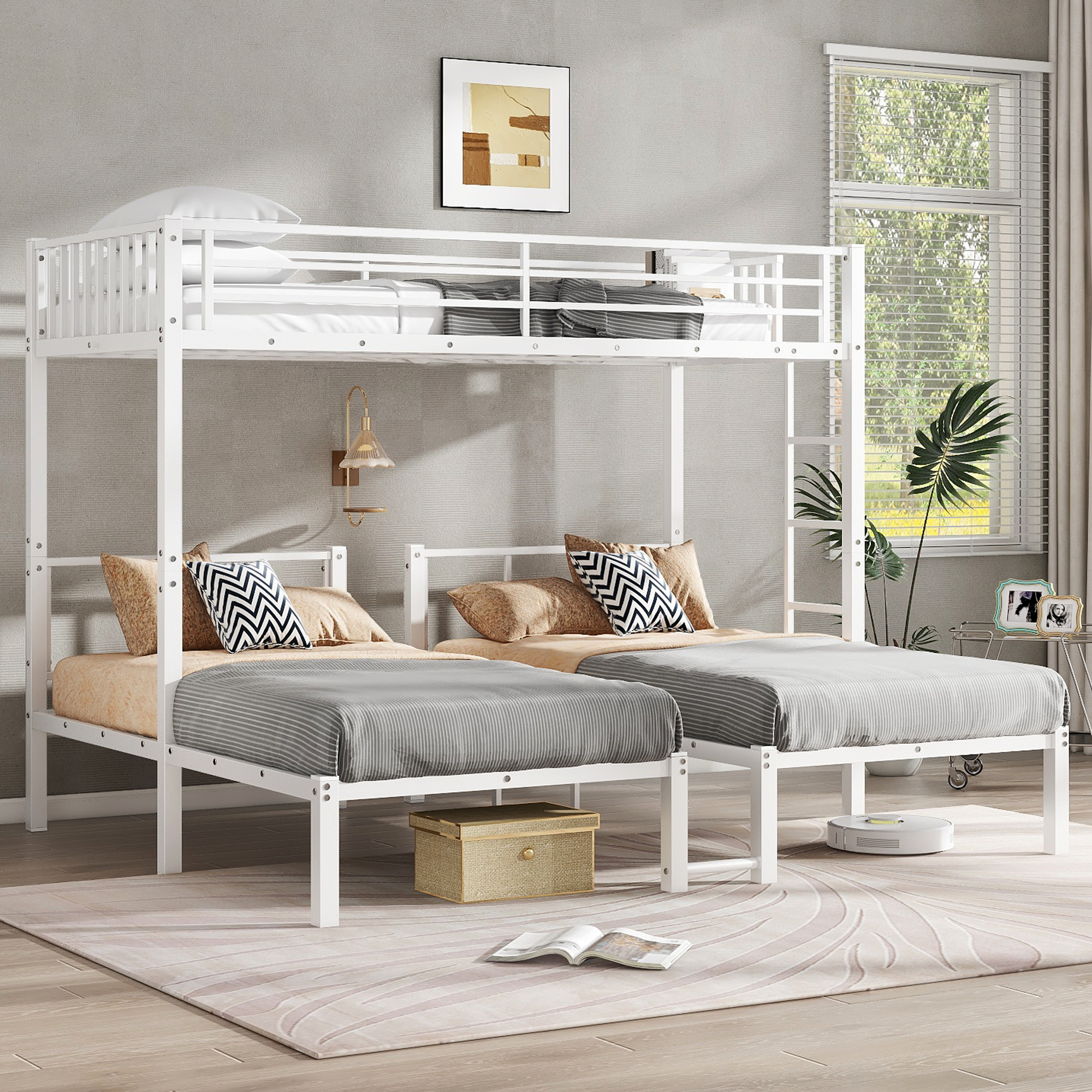 Twin over Twin & Twin Bunk Beds for 3, Twin XL over Twin & Twin Bunk Bed Metal Triple Bunk Bed, White - Image 1