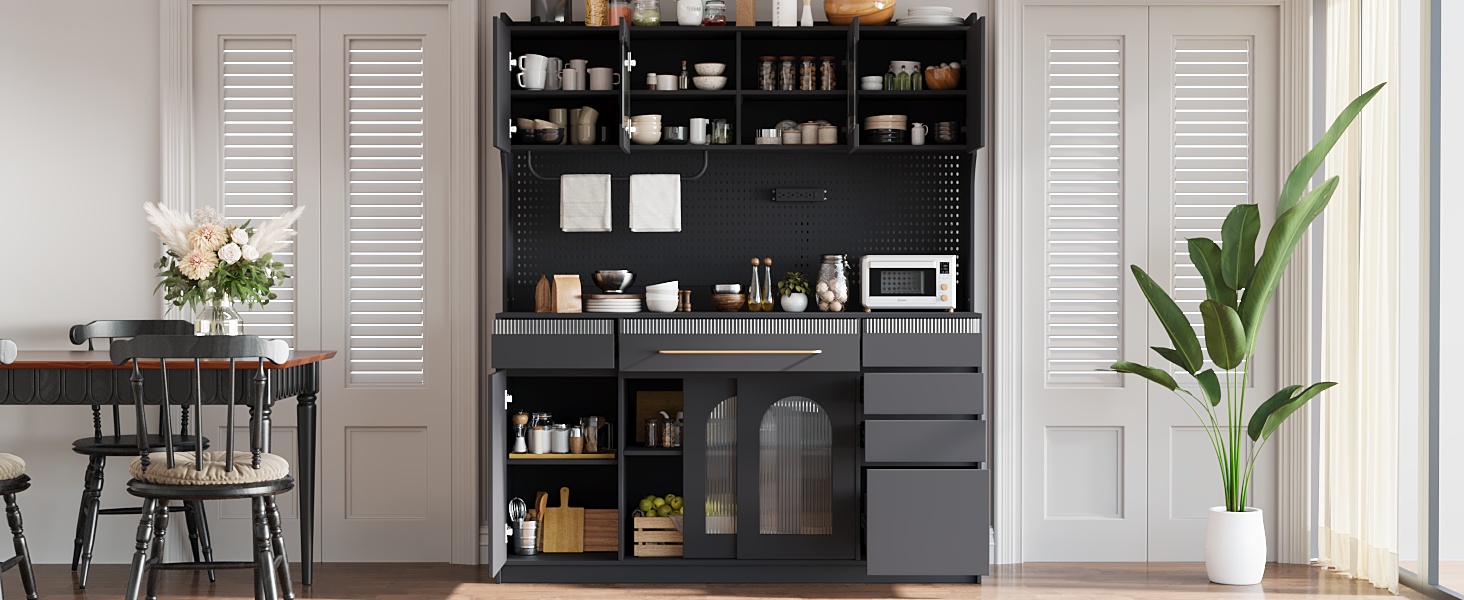 (Assembly Video Offered) TOPMAX Freestanding 63'' W Buffet with Hutch, Large Coffee Bar Storage Cabinet with 6 Drawers, 5 Cabinets with Adjustable Shelves,Pegboard,Towel Rack, Power Outlet,Black - Image 2
