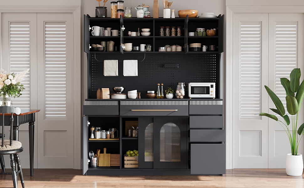 (Assembly Video Offered) TOPMAX Freestanding 63'' W Buffet with Hutch, Large Coffee Bar Storage Cabinet with 6 Drawers, 5 Cabinets with Adjustable Shelves,Pegboard,Towel Rack, Power Outlet,Black - Image 3