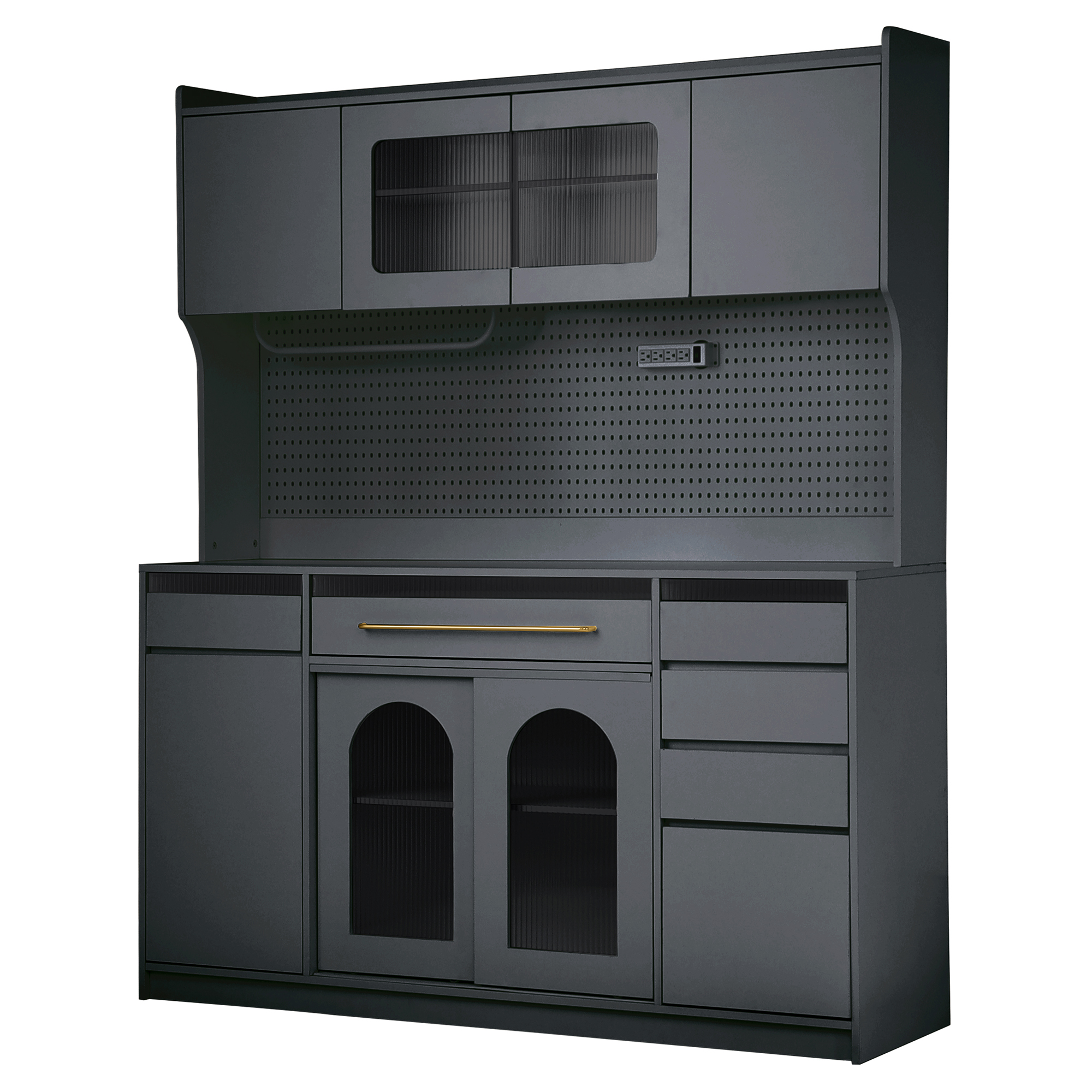 (Assembly Video Offered) TOPMAX Freestanding 63'' W Buffet with Hutch, Large Coffee Bar Storage Cabinet with 6 Drawers, 5 Cabinets with Adjustable Shelves,Pegboard,Towel Rack, Power Outlet,Black - Image 4