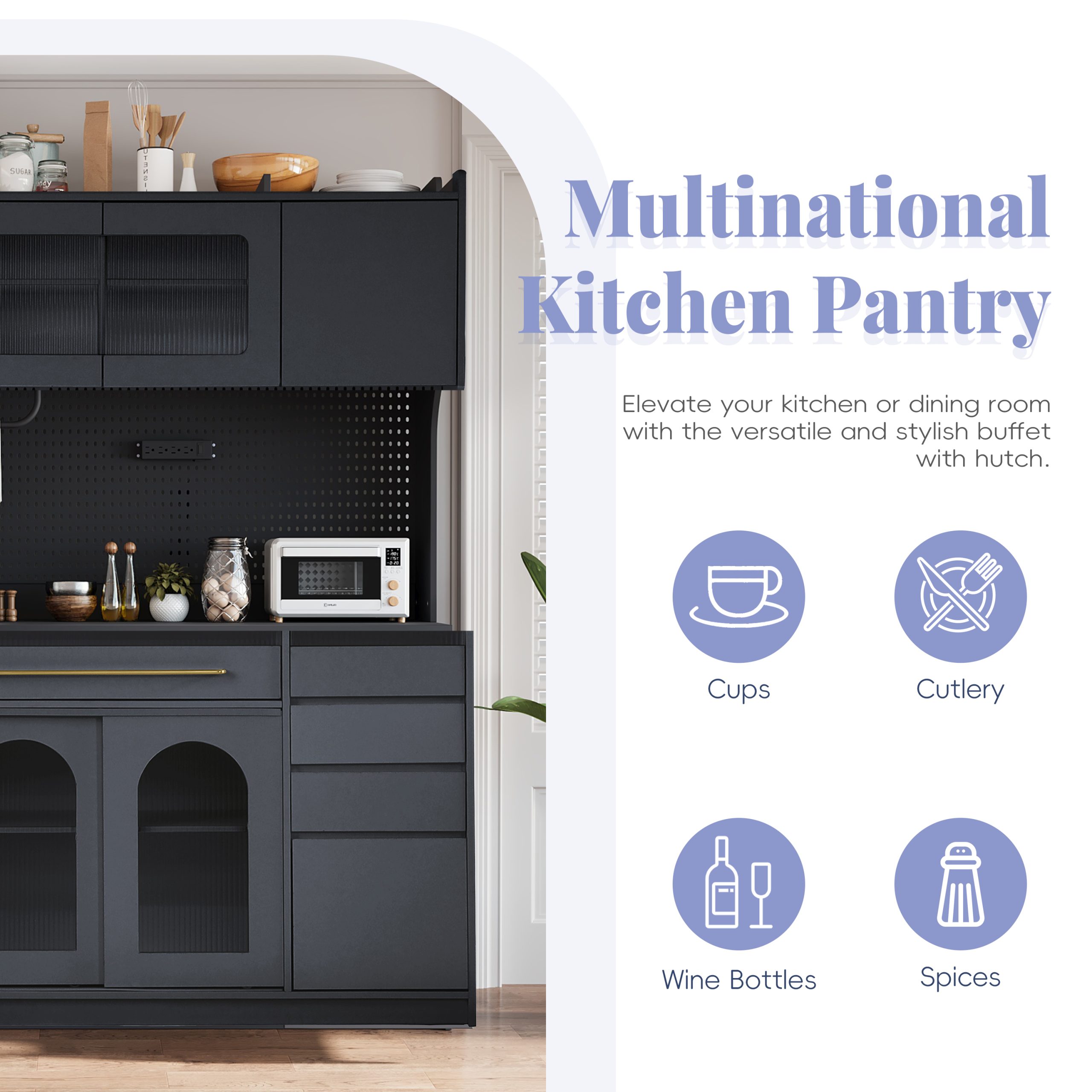 (Assembly Video Offered) TOPMAX Freestanding 63'' W Buffet with Hutch, Large Coffee Bar Storage Cabinet with 6 Drawers, 5 Cabinets with Adjustable Shelves,Pegboard,Towel Rack, Power Outlet,Black - Image 5