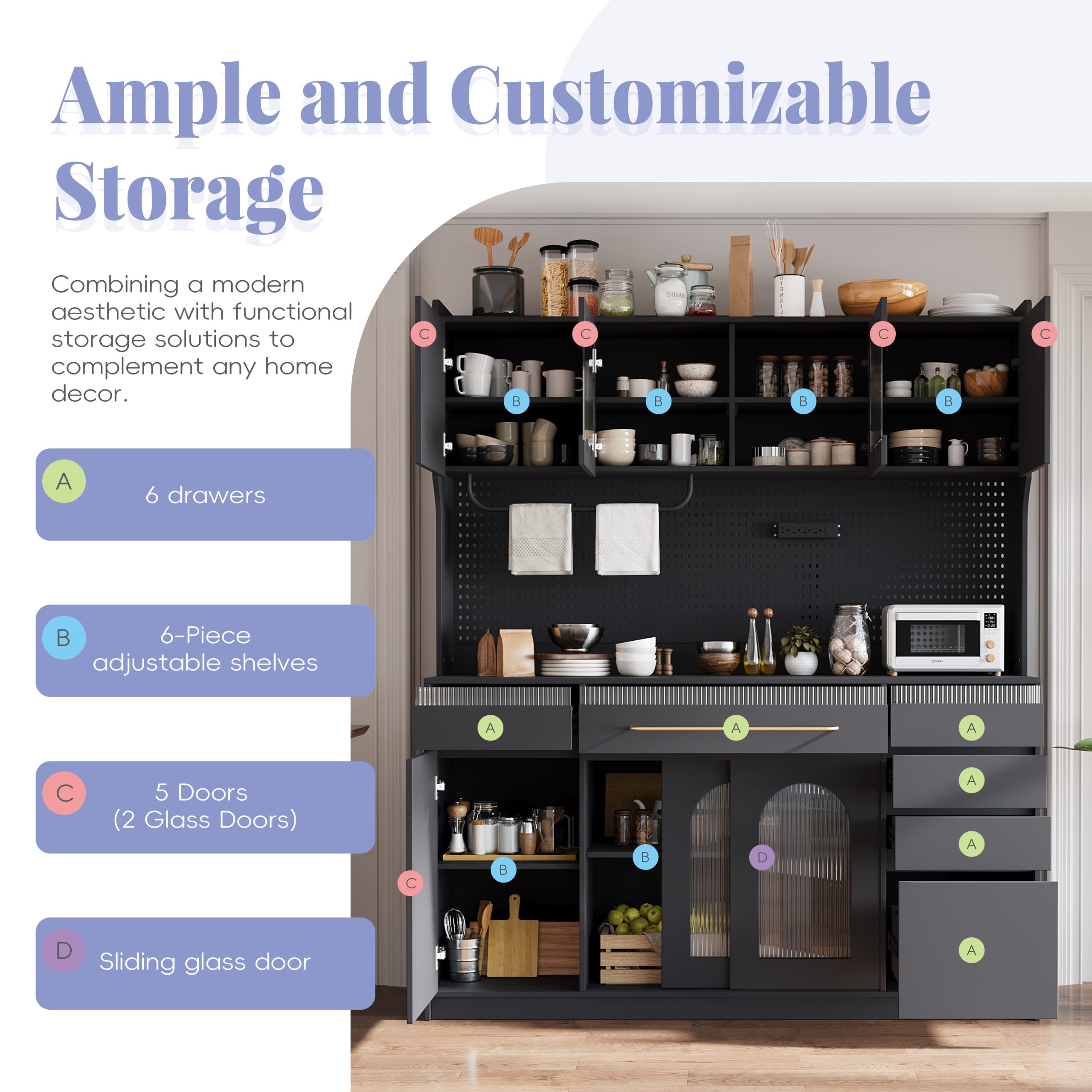 (Assembly Video Offered) TOPMAX Freestanding 63'' W Buffet with Hutch, Large Coffee Bar Storage Cabinet with 6 Drawers, 5 Cabinets with Adjustable Shelves,Pegboard,Towel Rack, Power Outlet,Black - Image 6