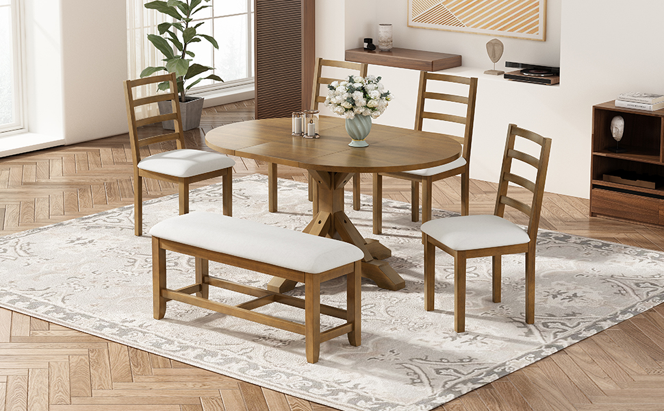 TOPMAX Farmhouse 6-Piece 60inch Extendable Pedestal Dining Table Set with 18inch Removable Leaf, 44inch Bench and 4 Ladder Back Dining Chairs, Dark Brown+Beige(OLD SKU:SP000060AAD) - Image 2