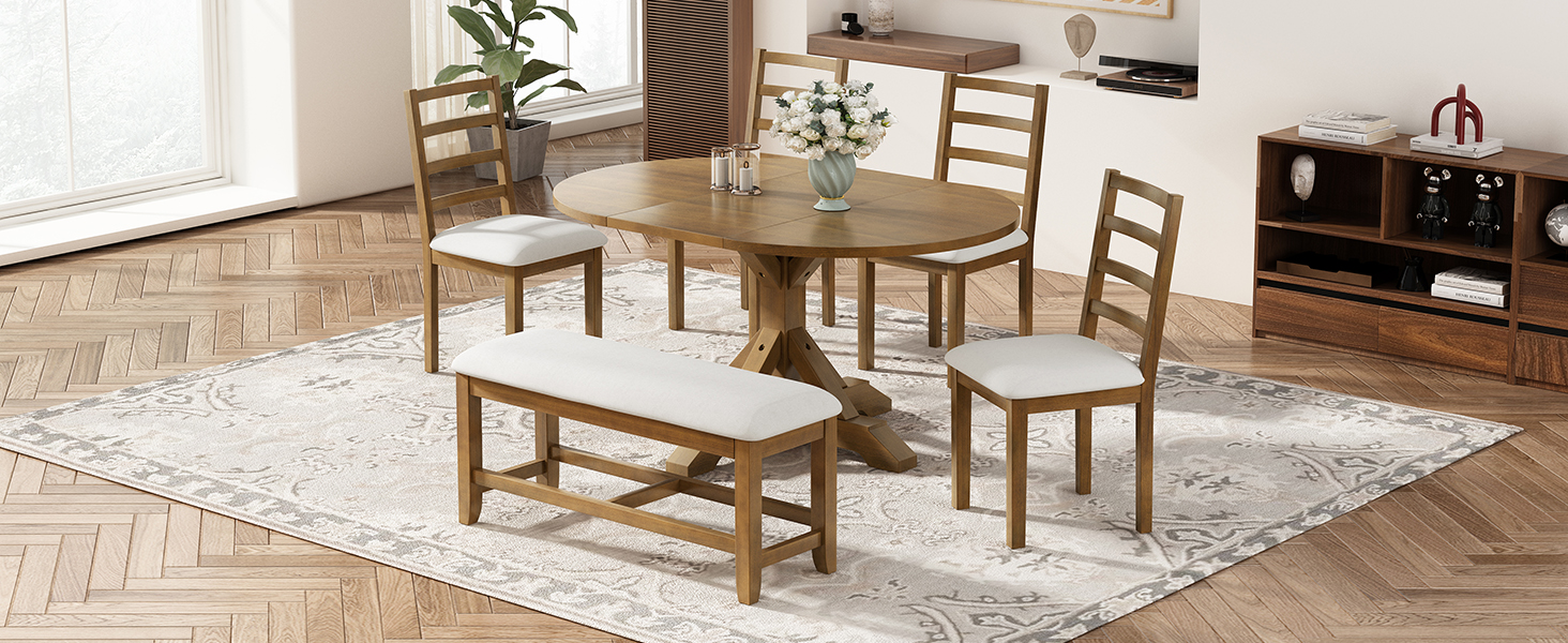 TOPMAX Farmhouse 6-Piece 60inch Extendable Pedestal Dining Table Set with 18inch Removable Leaf, 44inch Bench and 4 Ladder Back Dining Chairs, Dark Brown+Beige(OLD SKU:SP000060AAD) - Image 3