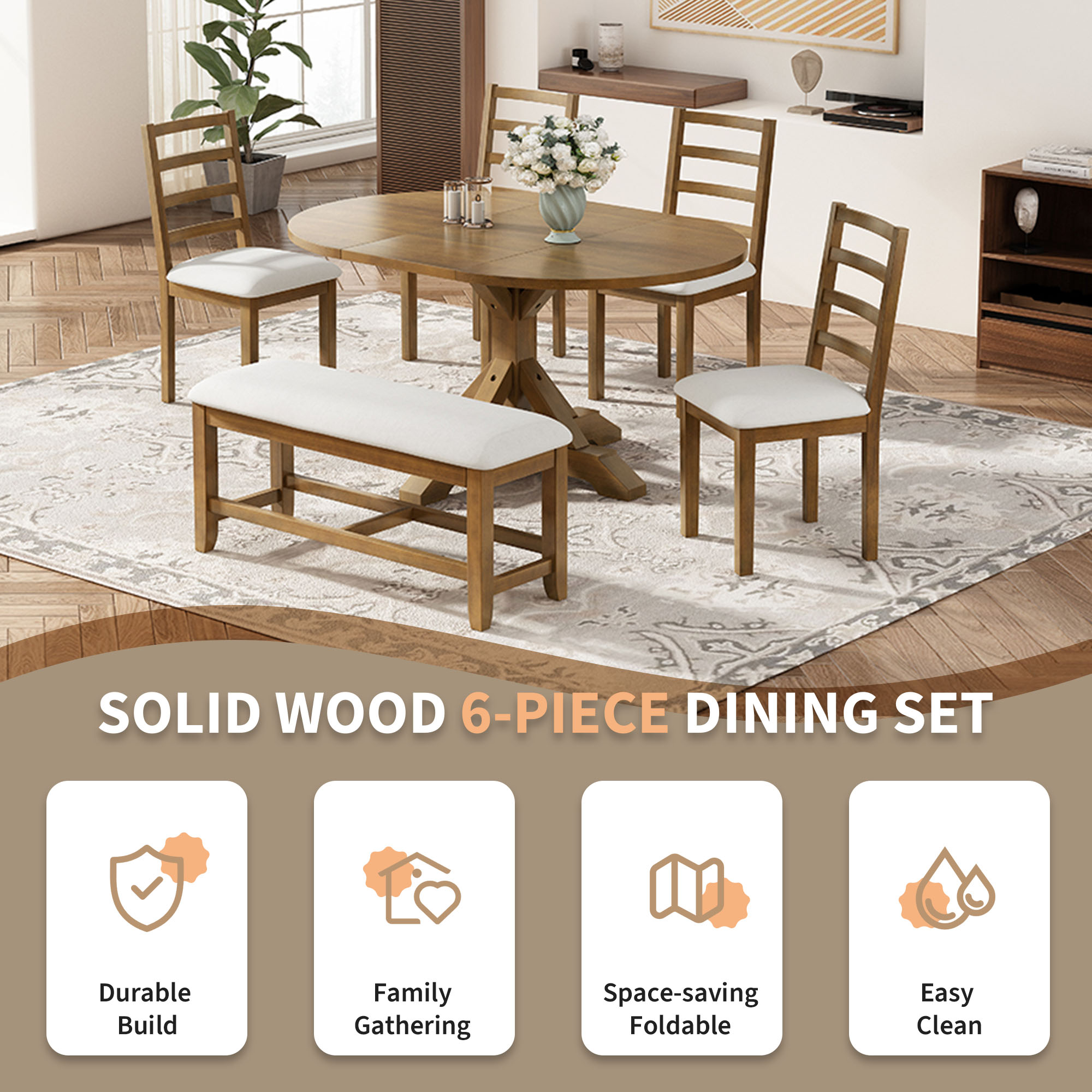 TOPMAX Farmhouse 6-Piece 60inch Extendable Pedestal Dining Table Set with 18inch Removable Leaf, 44inch Bench and 4 Ladder Back Dining Chairs, Dark Brown+Beige(OLD SKU:SP000060AAD) - Image 4