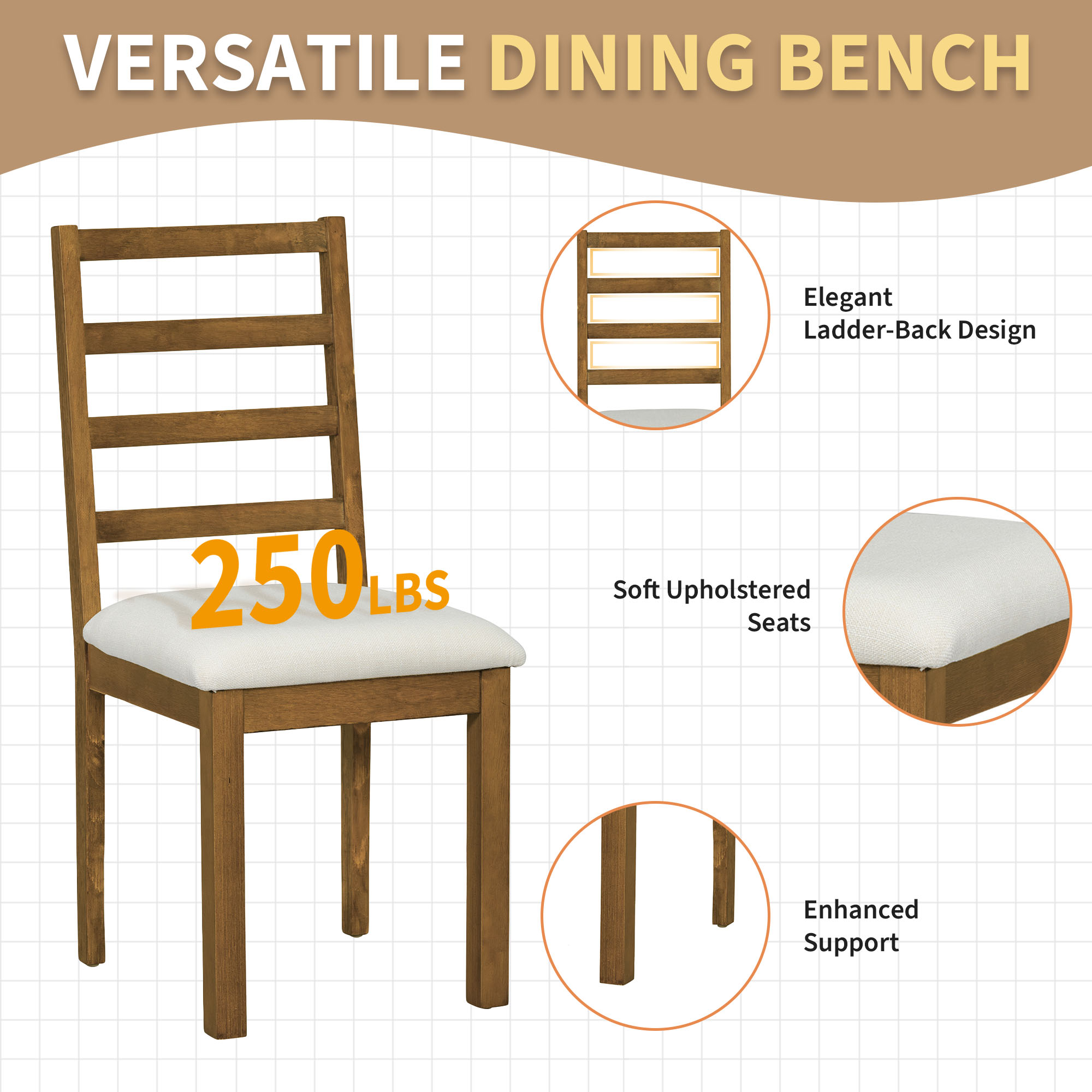 TOPMAX Farmhouse 6-Piece 60inch Extendable Pedestal Dining Table Set with 18inch Removable Leaf, 44inch Bench and 4 Ladder Back Dining Chairs, Dark Brown+Beige(OLD SKU:SP000060AAD) - Image 6