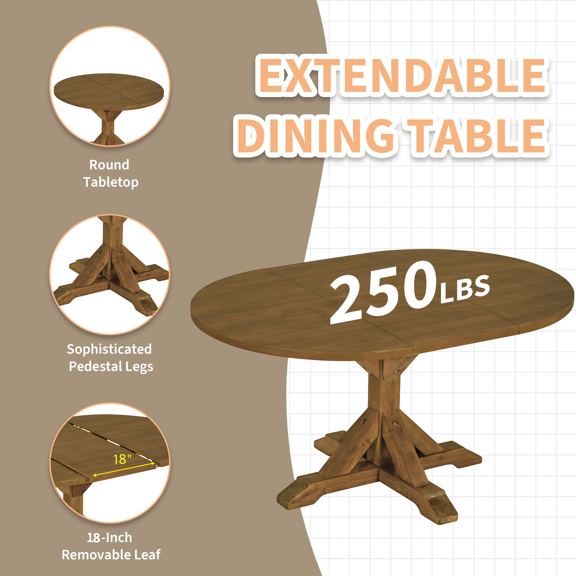 TOPMAX Farmhouse 6-Piece 60inch Extendable Pedestal Dining Table Set with 18inch Removable Leaf, 44inch Bench and 4 Ladder Back Dining Chairs, Dark Brown+Beige(OLD SKU:SP000060AAD) - Image 5