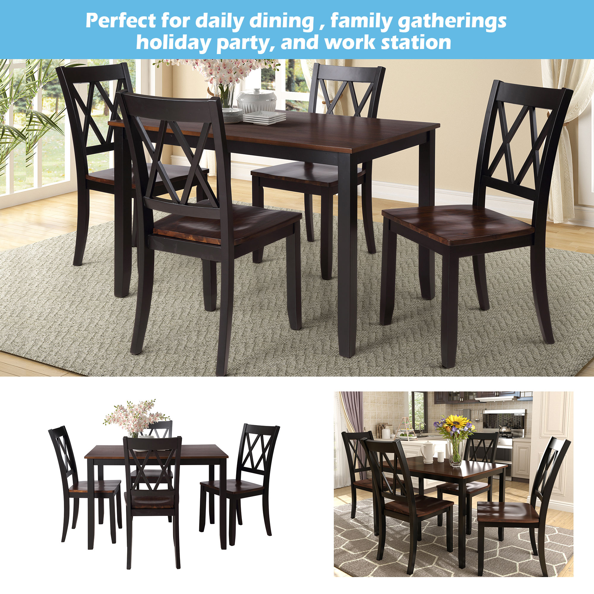 TOPMAX 5-Piece Dining Table Set Home Kitchen Table and Chairs Wood Dining Set, Espresso+Black - Image 4