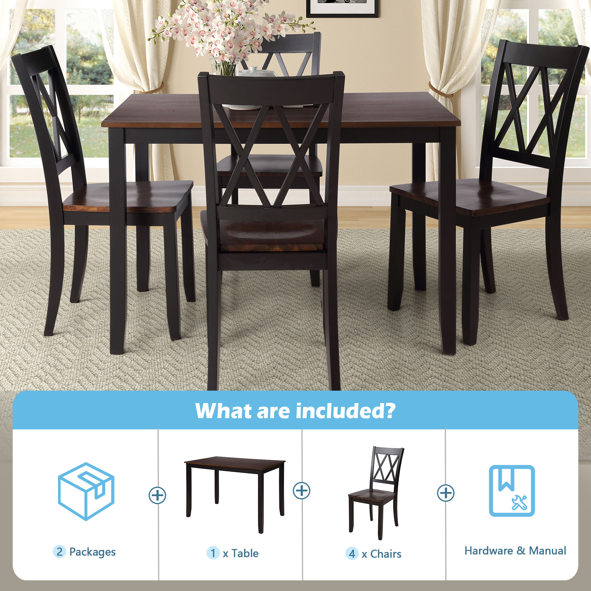 TOPMAX 5-Piece Dining Table Set Home Kitchen Table and Chairs Wood Dining Set, Espresso+Black - Image 5