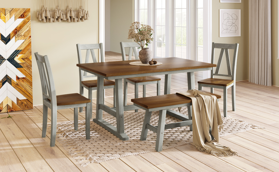 TOPMAX 6-Piece Wood Dining Table Set Kitchen Table Set with Long Bench and 4 Dining Chairs, Farmhouse Style, Walnut+Gray(old sku:SP000256) - Image 2