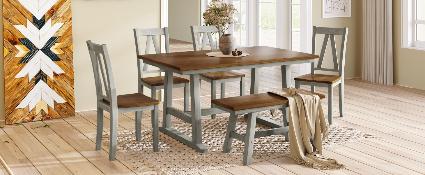 TOPMAX 6-Piece Wood Dining Table Set Kitchen Table Set with Long Bench and 4 Dining Chairs, Farmhouse Style, Walnut+Gray(old sku:SP000256) - Image 3