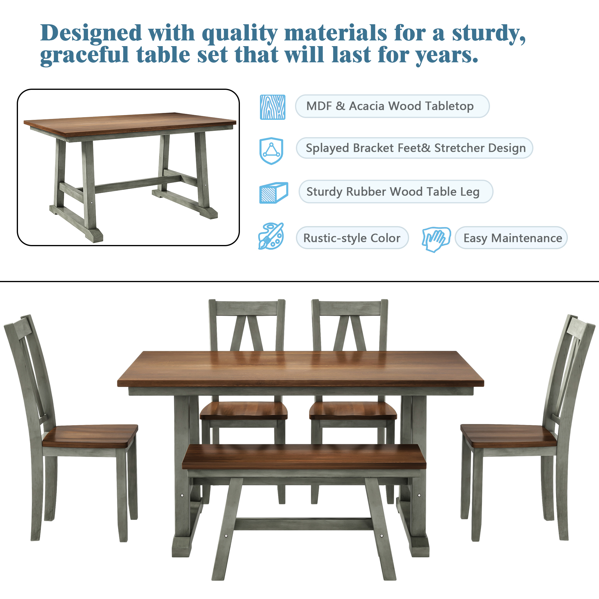 TOPMAX 6-Piece Wood Dining Table Set Kitchen Table Set with Long Bench and 4 Dining Chairs, Farmhouse Style, Walnut+Gray(old sku:SP000256) - Image 4